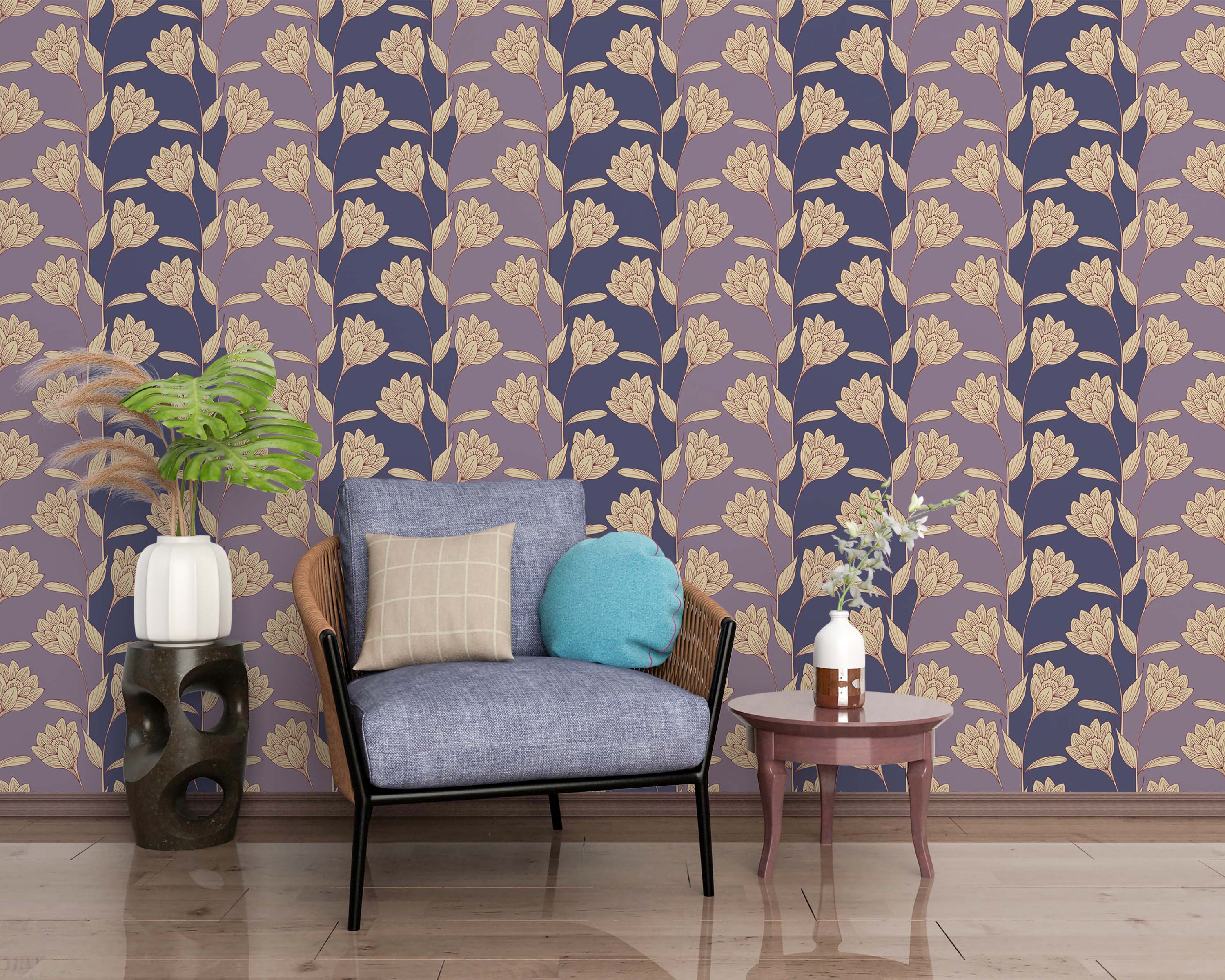 A wallpaper with a floral pattern of stylized cream flowers on alternating vertical stripes of dark and light purple.