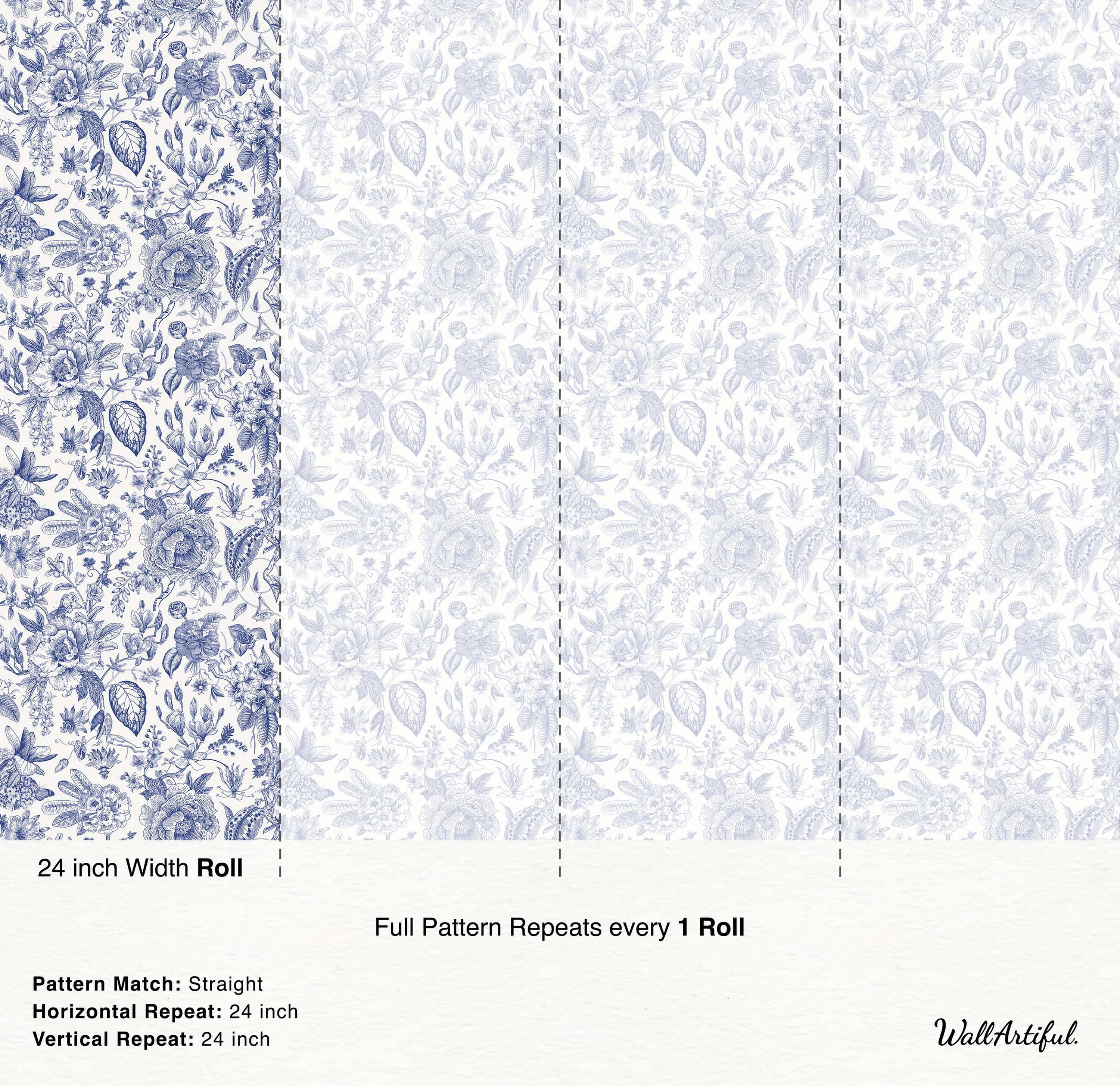 Vintage-style wallpaper with an intricate blue floral toile pattern featuring detailed flowers and leaves on a white background.