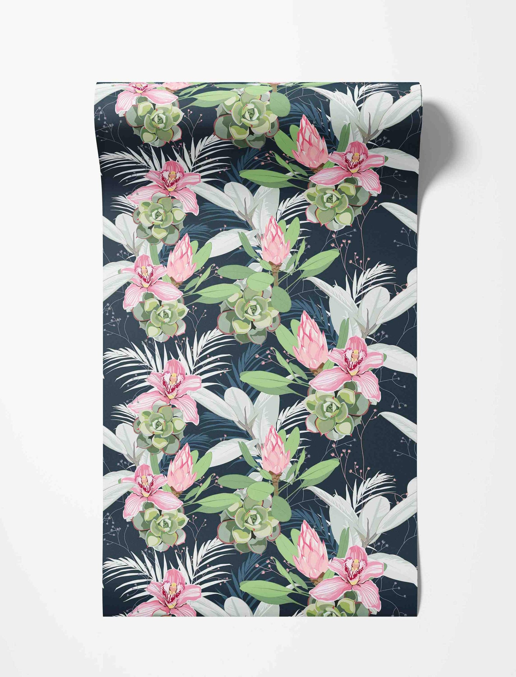 Tropical floral wallpaper with pink orchids, proteas, green succulents, and assorted leaves against a dark navy backdrop.