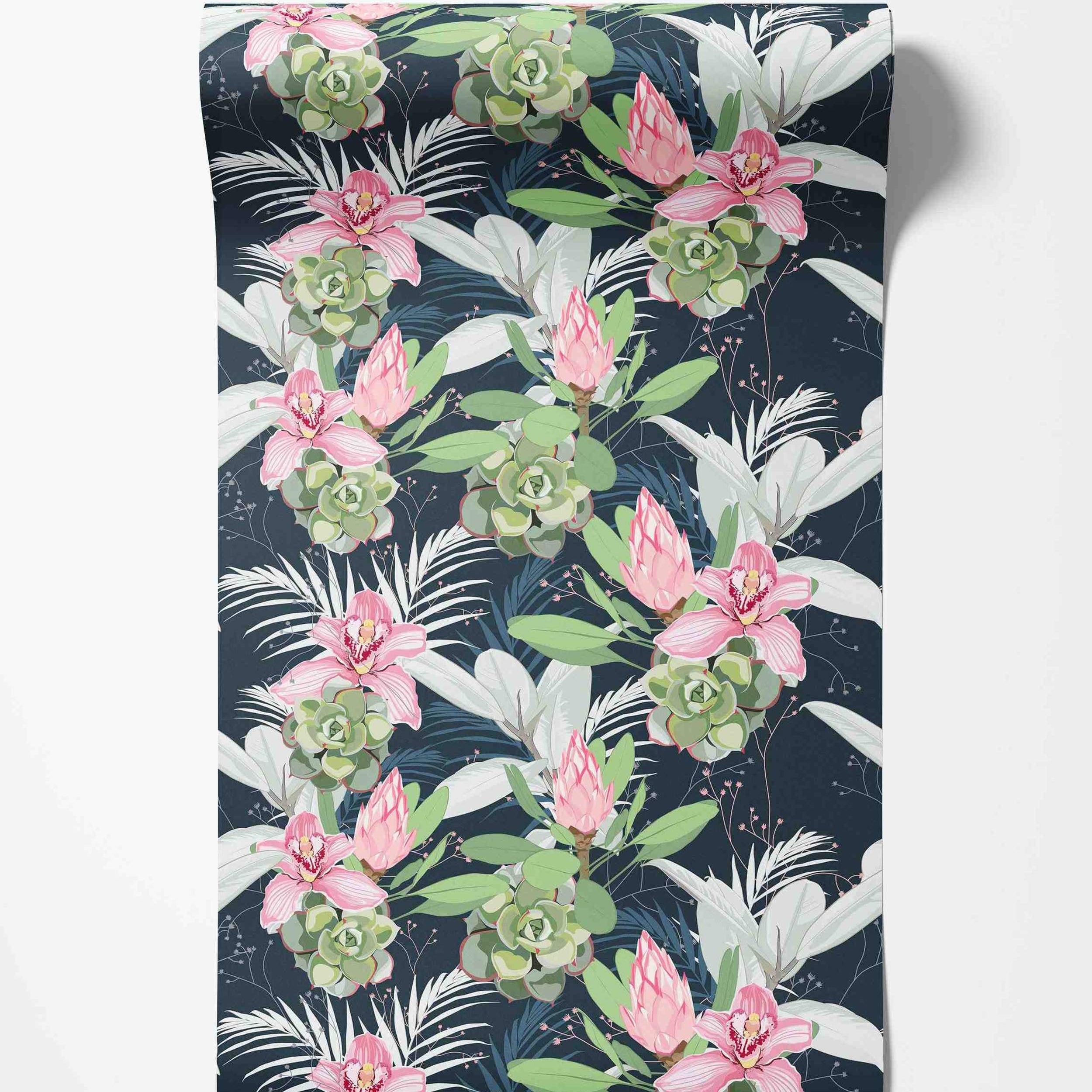 Tropical floral wallpaper with pink orchids, proteas, green succulents, and assorted leaves against a dark navy backdrop.
