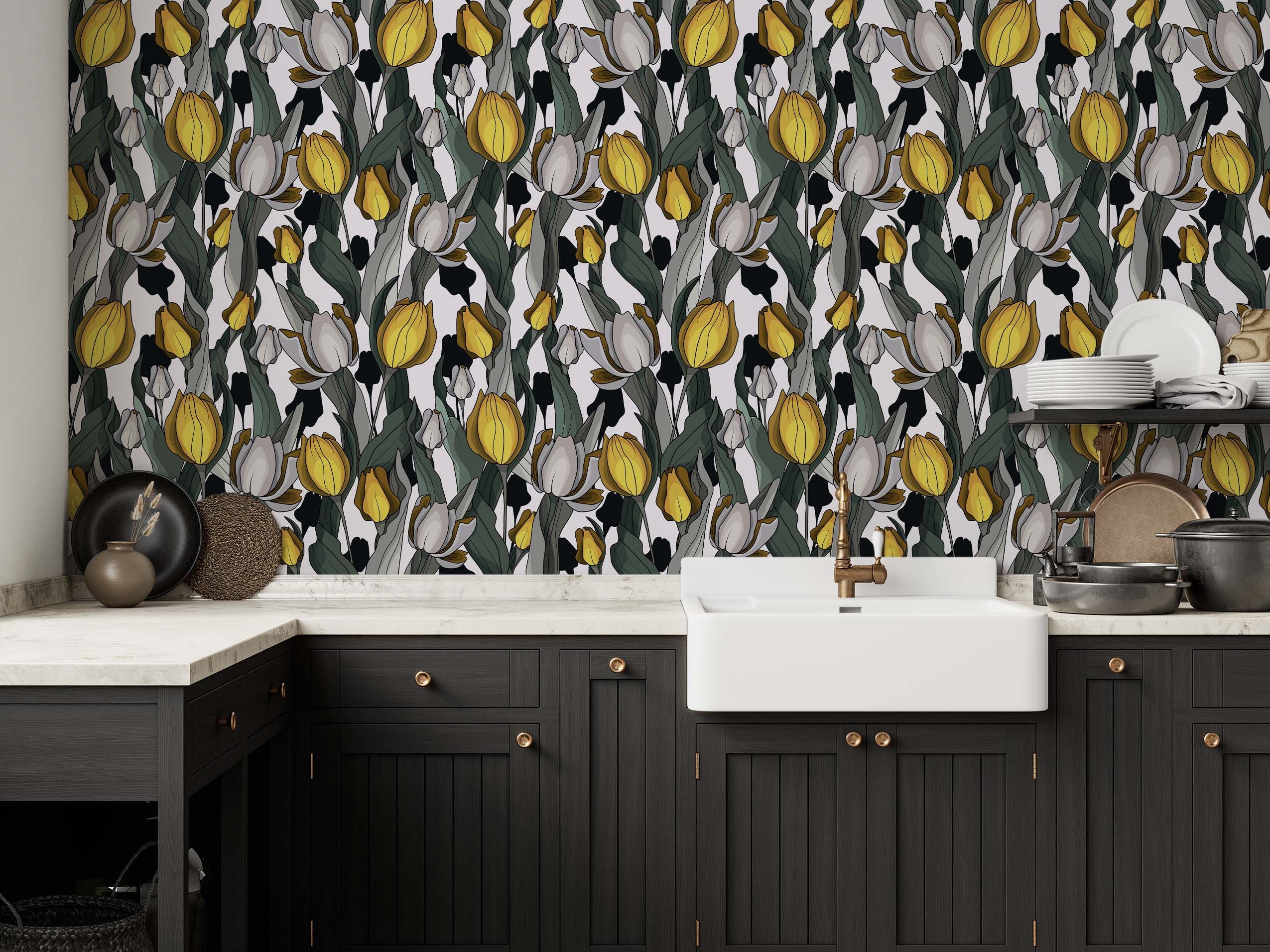 A wallpaper with a stylized pattern of yellow and gray tulips with dark green leaves and black accents on a white background.