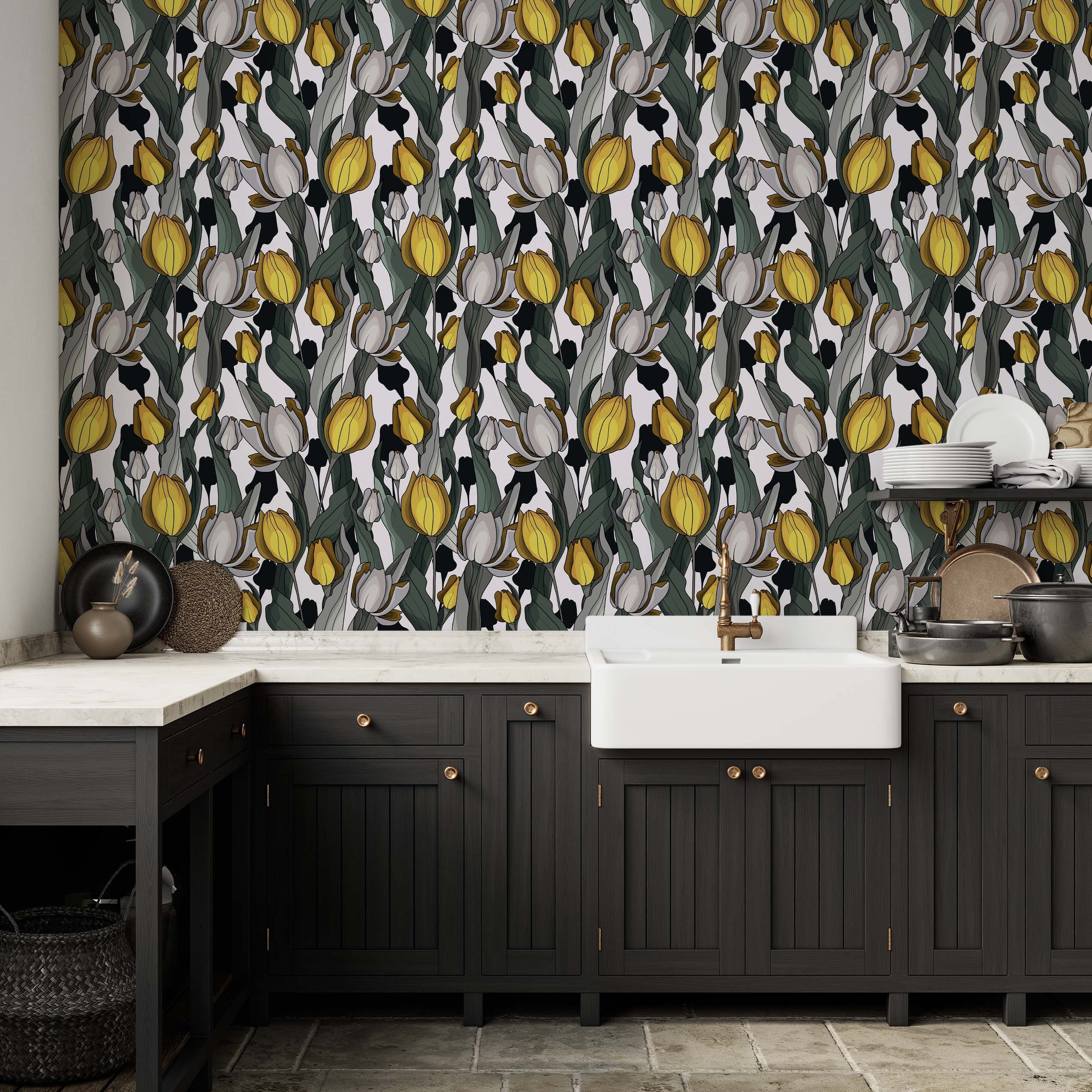A wallpaper with a stylized pattern of yellow and gray tulips with dark green leaves and black accents on a white background.