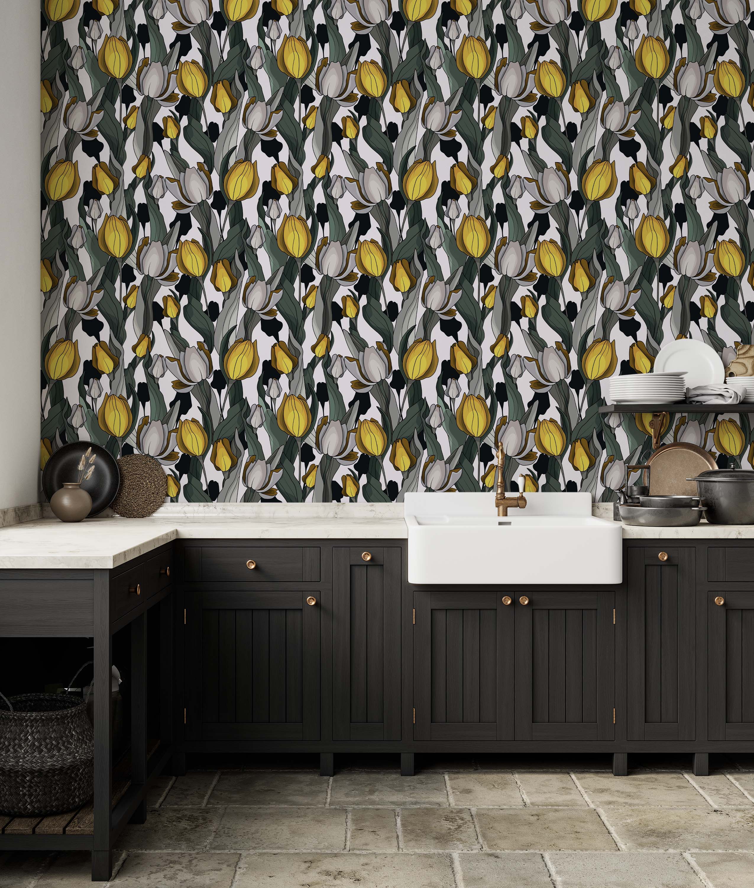 A wallpaper with a stylized pattern of yellow and gray tulips with dark green leaves and black accents on a white background.