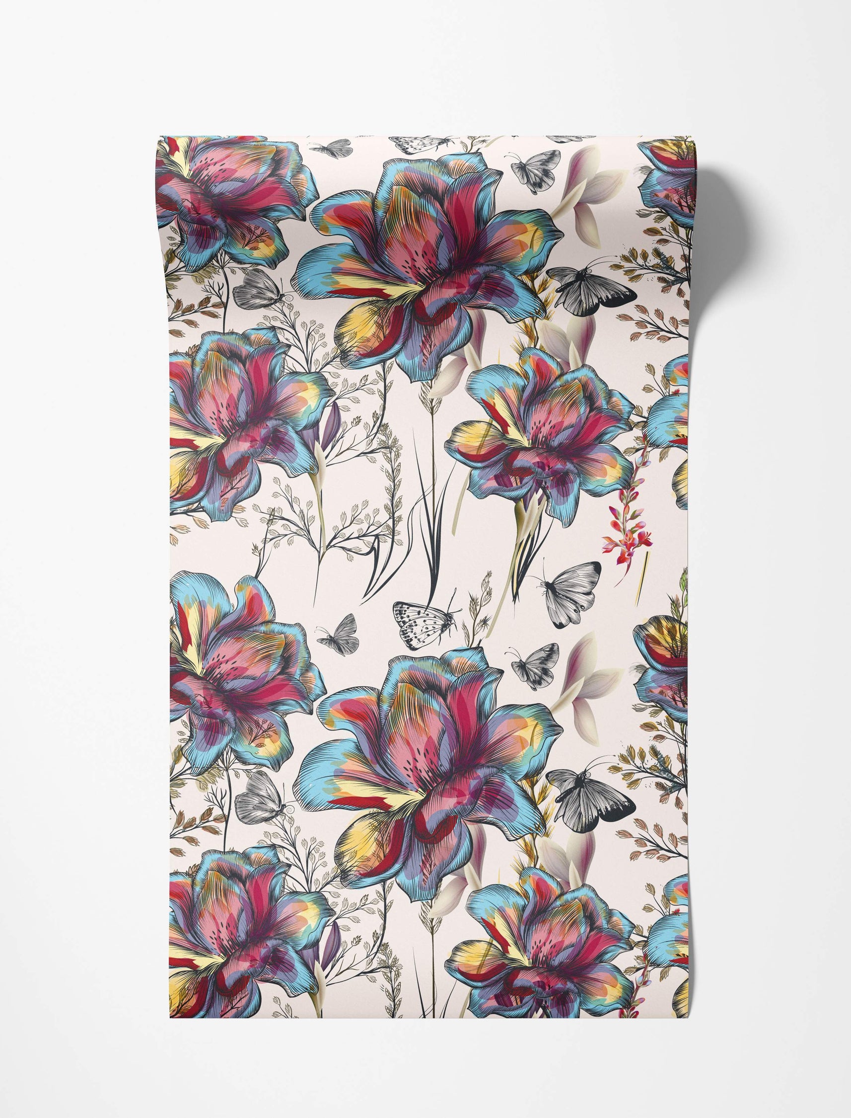 Wallpaper featuring large, stylized flowers in vibrant blue, red, and yellow hues, detailed with black outlines and accompanied by sketched butterflies.
