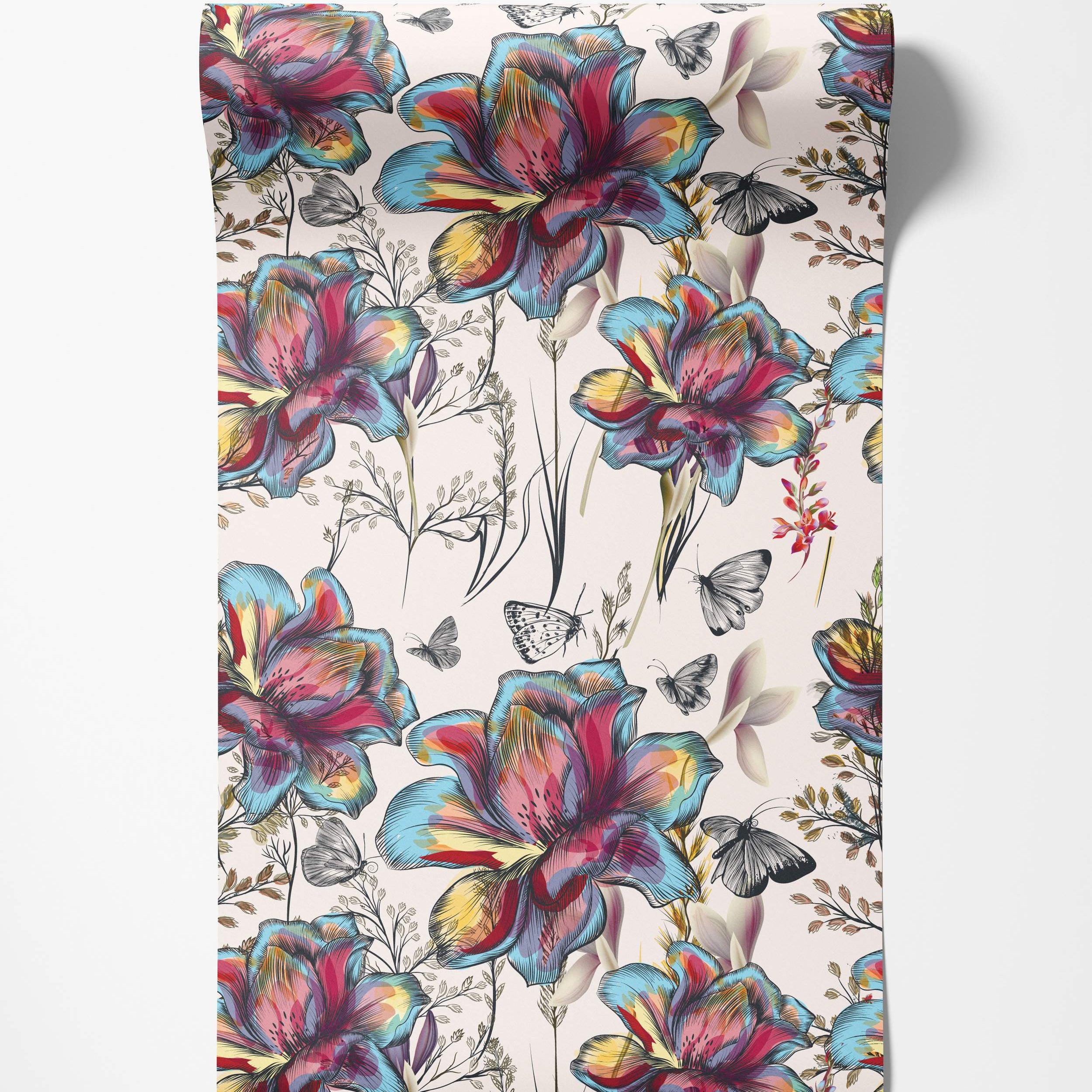 Wallpaper featuring large, stylized flowers in vibrant blue, red, and yellow hues, detailed with black outlines and accompanied by sketched butterflies.