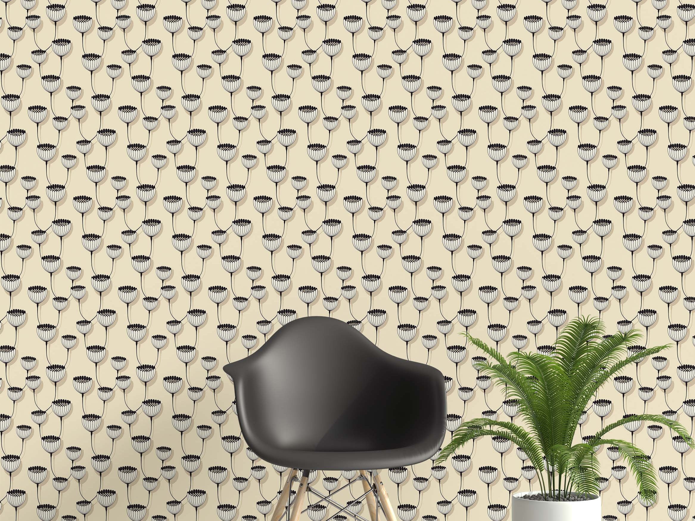 Wallpaper featuring a modern floral vine pattern with black and white seed heads on a beige background.