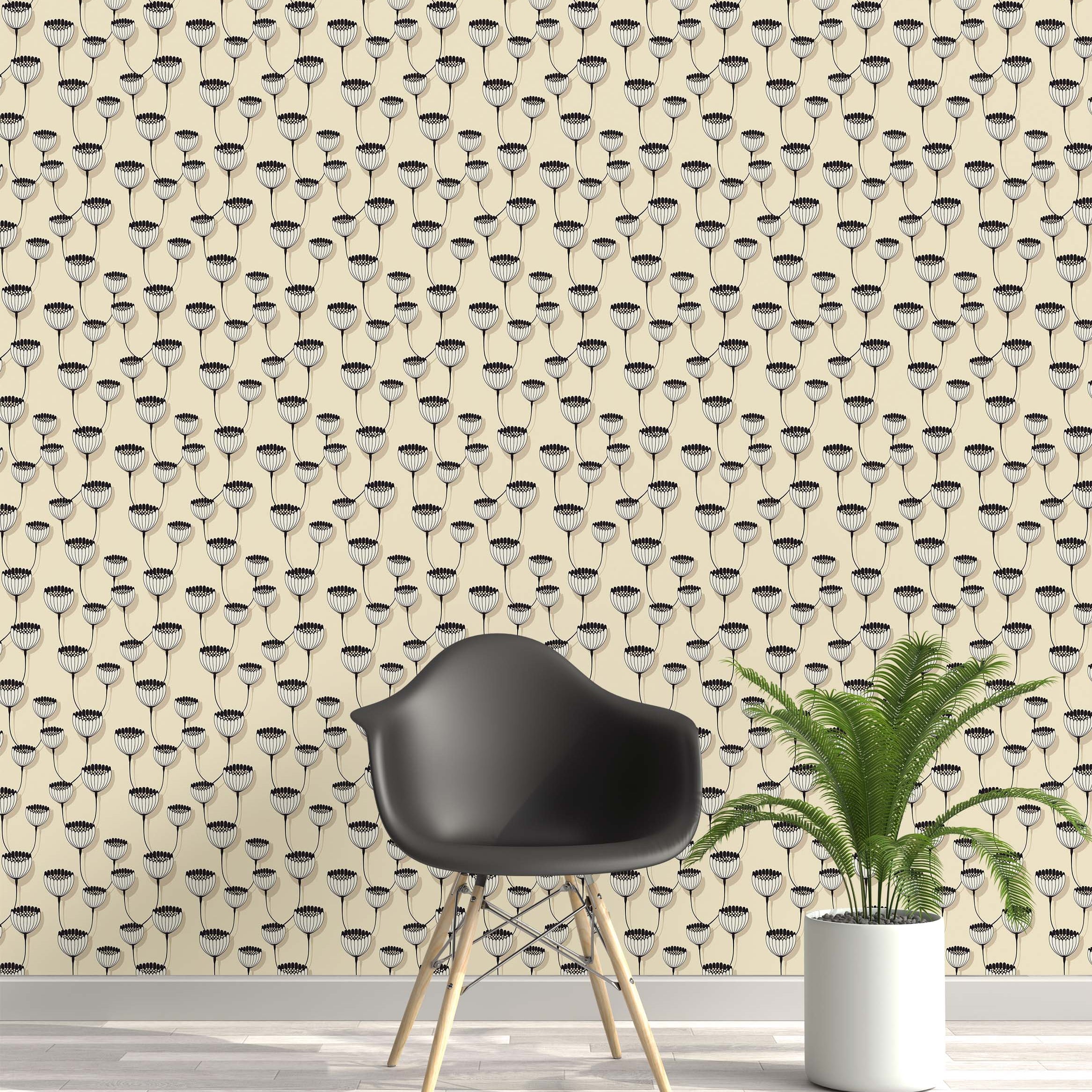 Wallpaper featuring a modern floral vine pattern with black and white seed heads on a beige background.