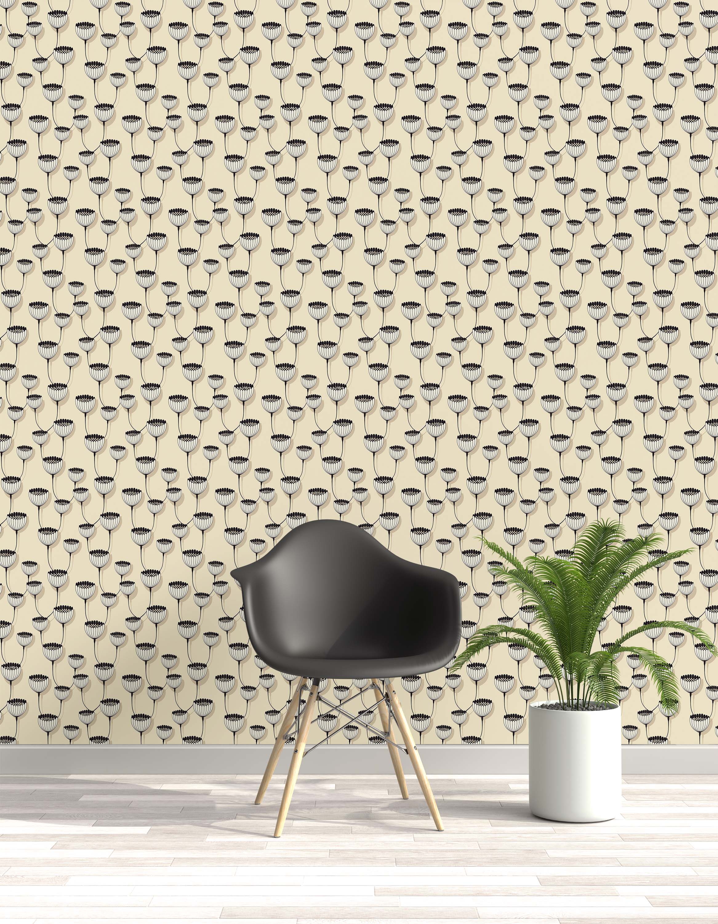 Wallpaper featuring a modern floral vine pattern with black and white seed heads on a beige background.