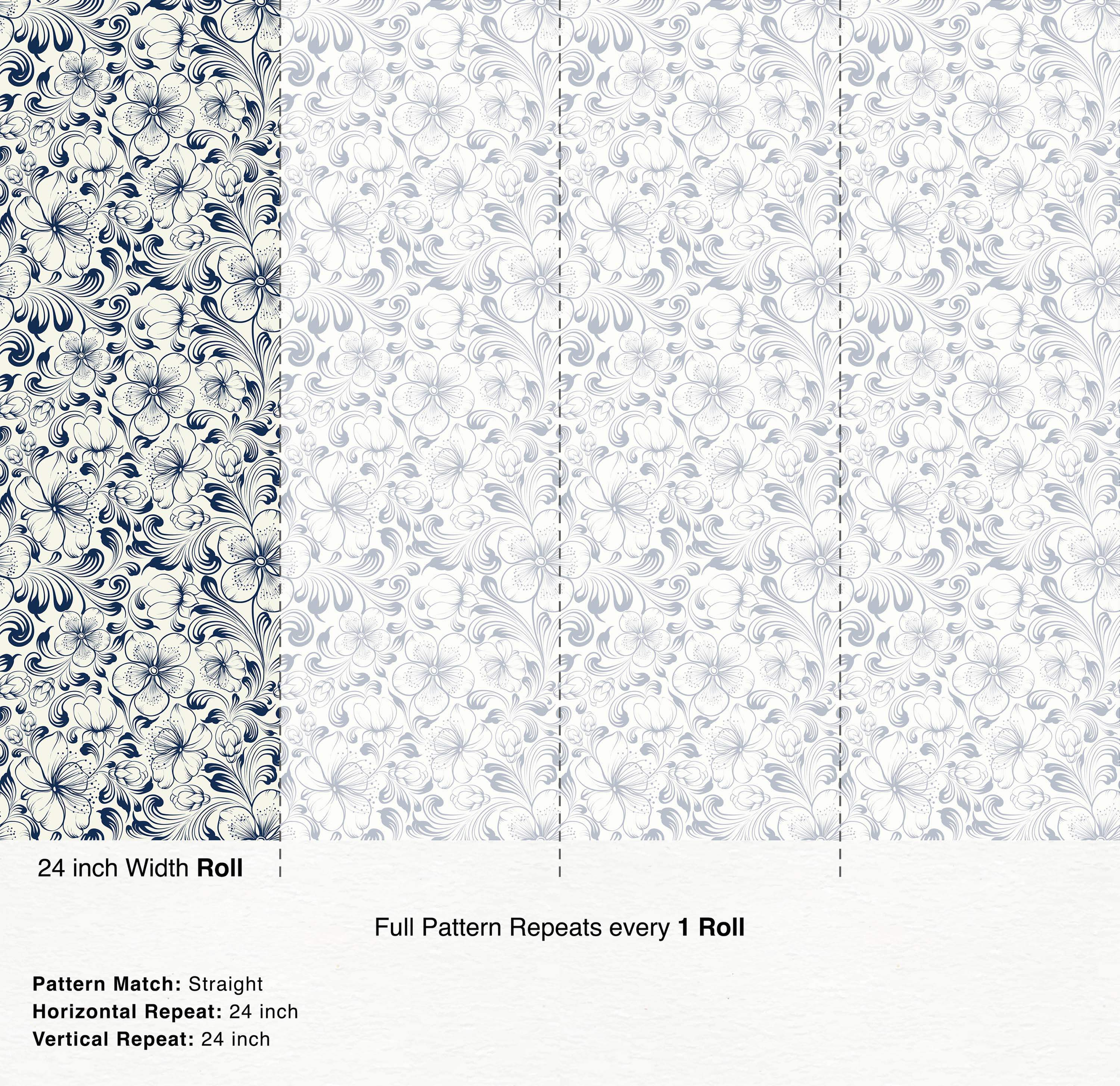 Cream wallpaper featuring an intricate navy blue floral and vine pattern.