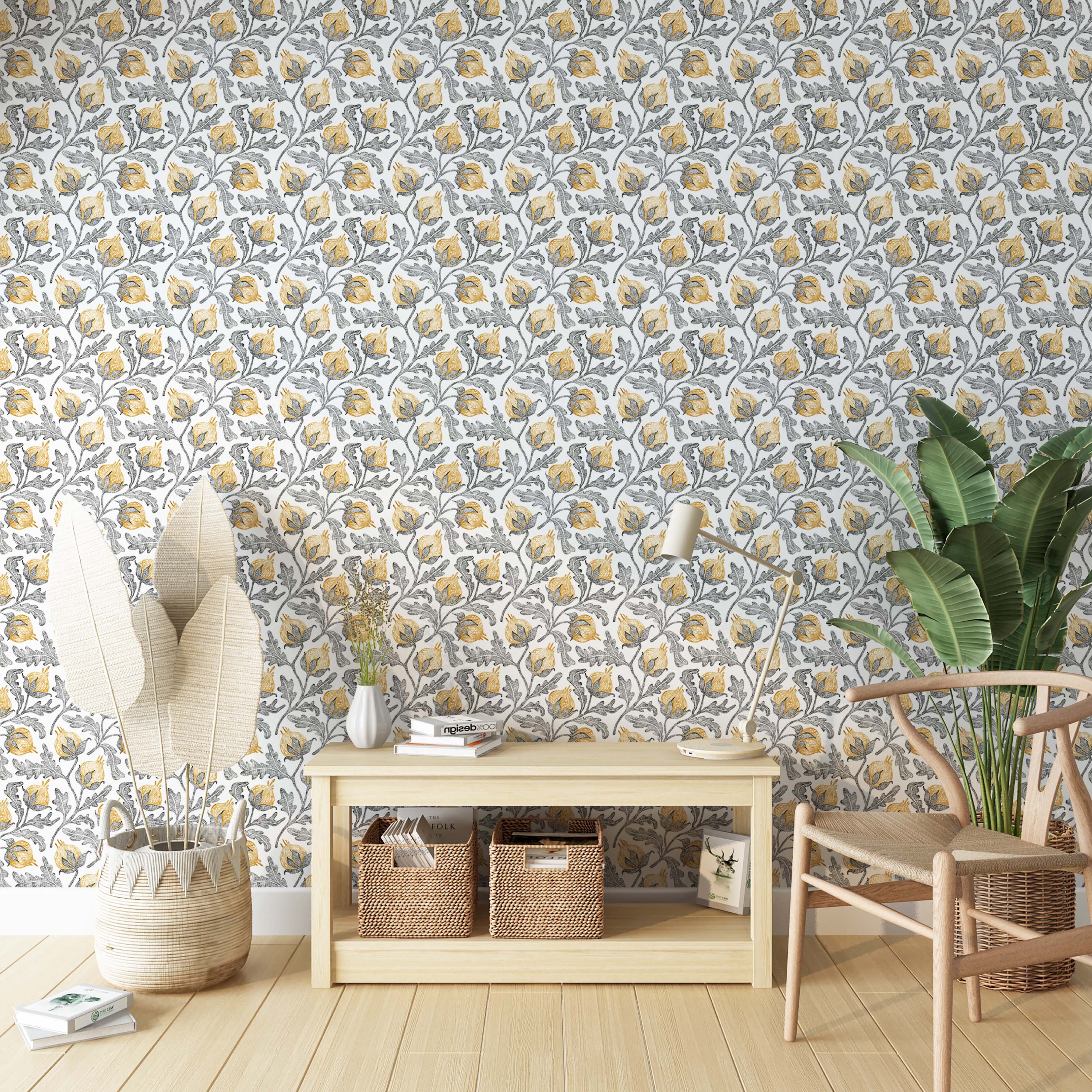 A floral wallpaper with a hand-drawn style, featuring yellow flower buds and grey leaves on trailing vines.