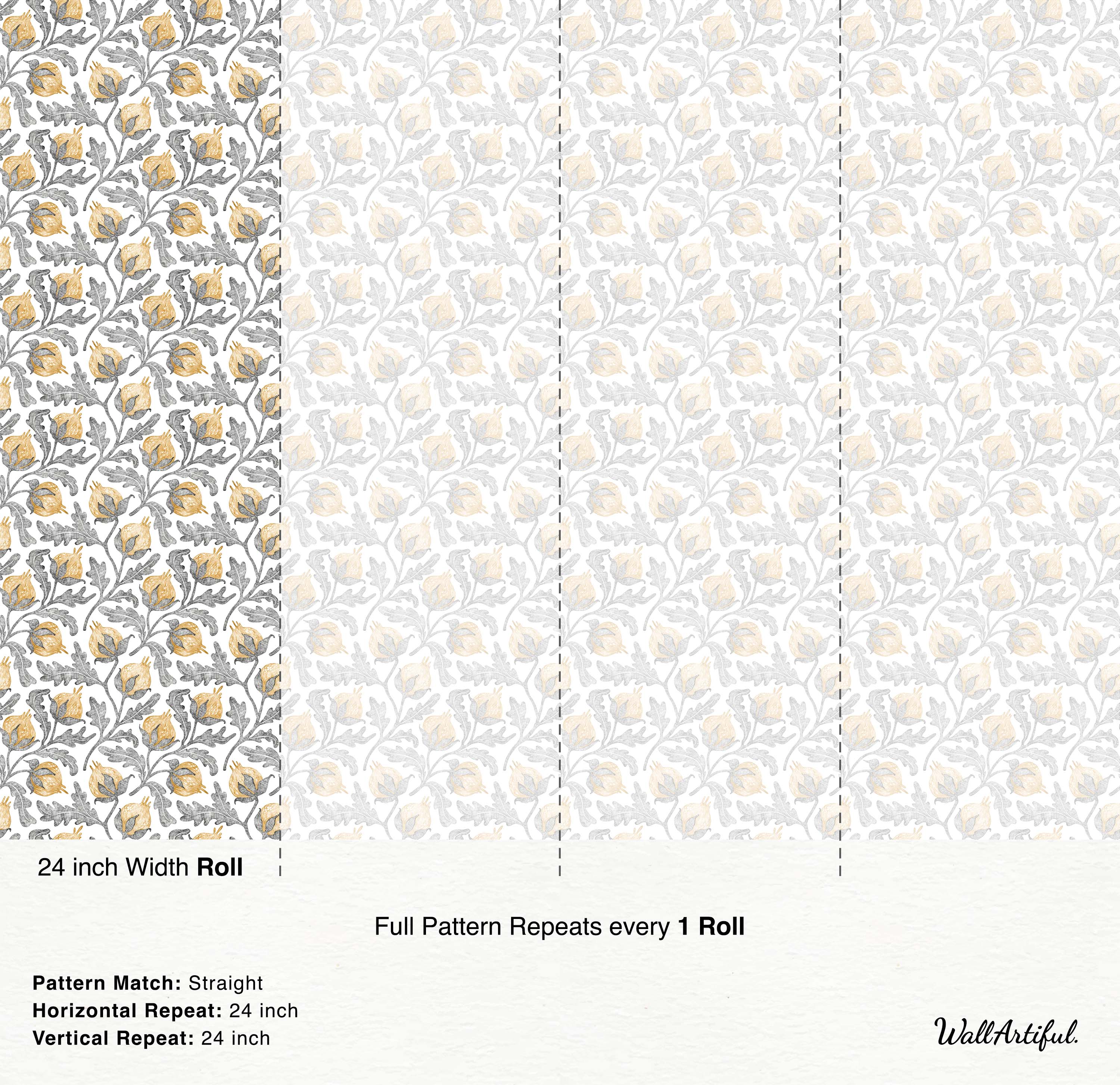 A botanical wallpaper featuring a repeating pattern of yellow flowers and grey sketched leaves on intertwining vines.