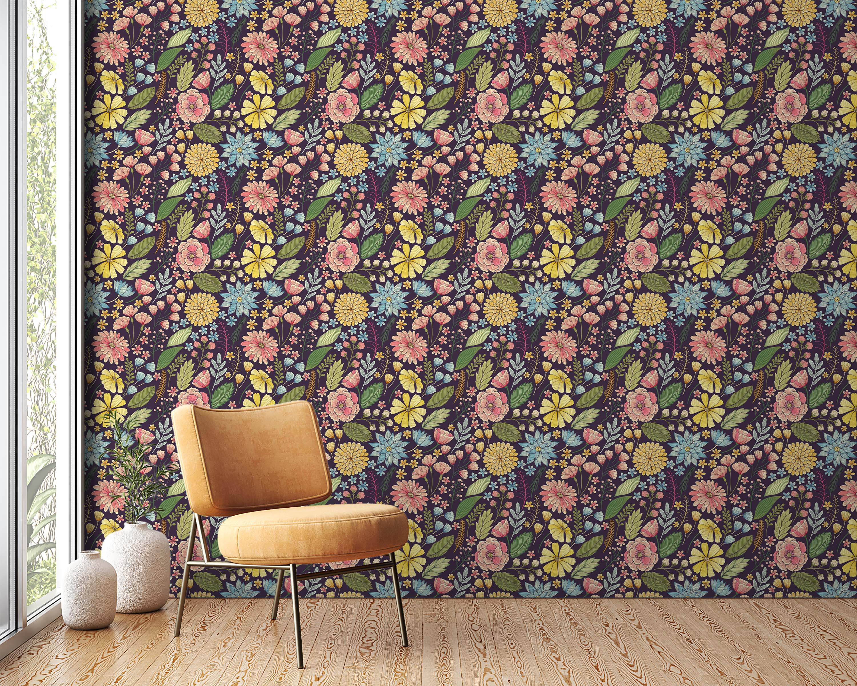Vintage floral wallpaper with pink, yellow, and blue flowers and green leaves on a dark purple background.