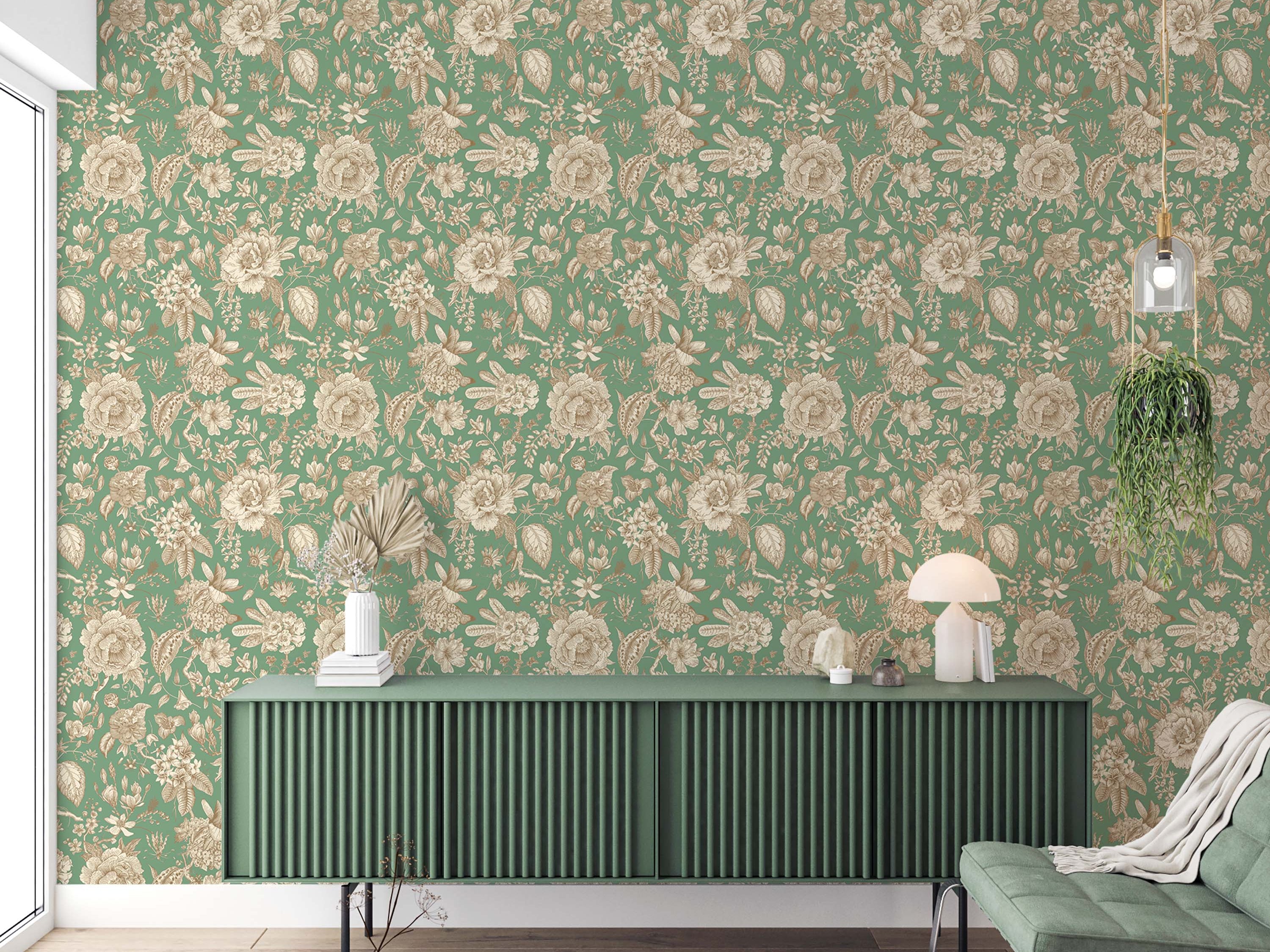 Vintage floral wallpaper with beige and brown flowers on a green background.
