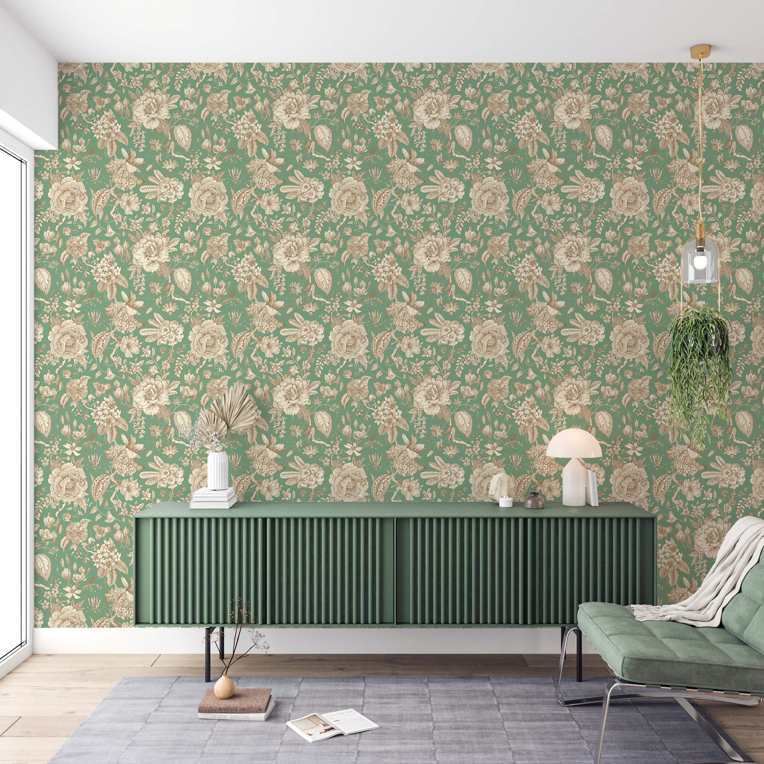 Vintage floral wallpaper with beige and brown flowers on a green background.