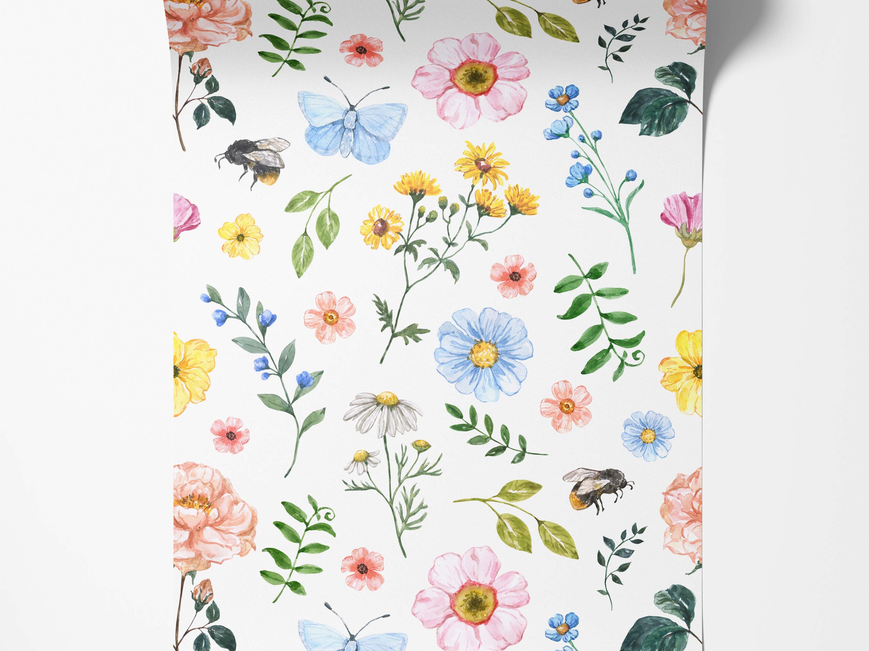 Watercolor floral wallpaper featuring pink, yellow, blue, and white flowers, bees, and butterflies on a white background.