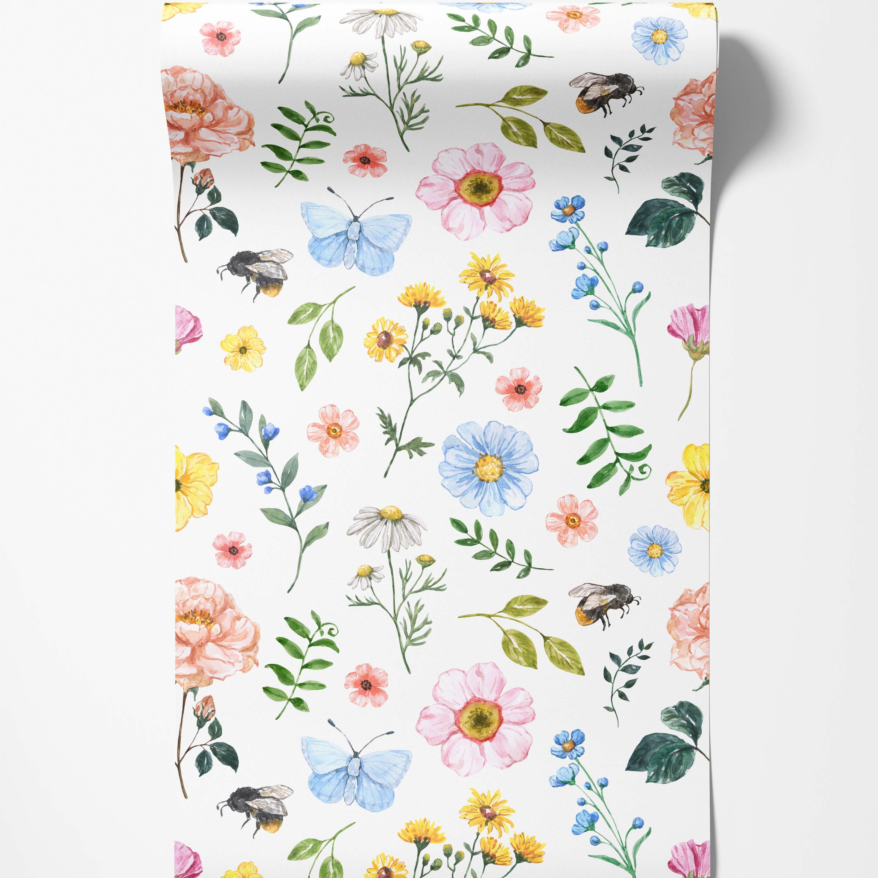 Watercolor floral wallpaper featuring pink, yellow, blue, and white flowers, bees, and butterflies on a white background.