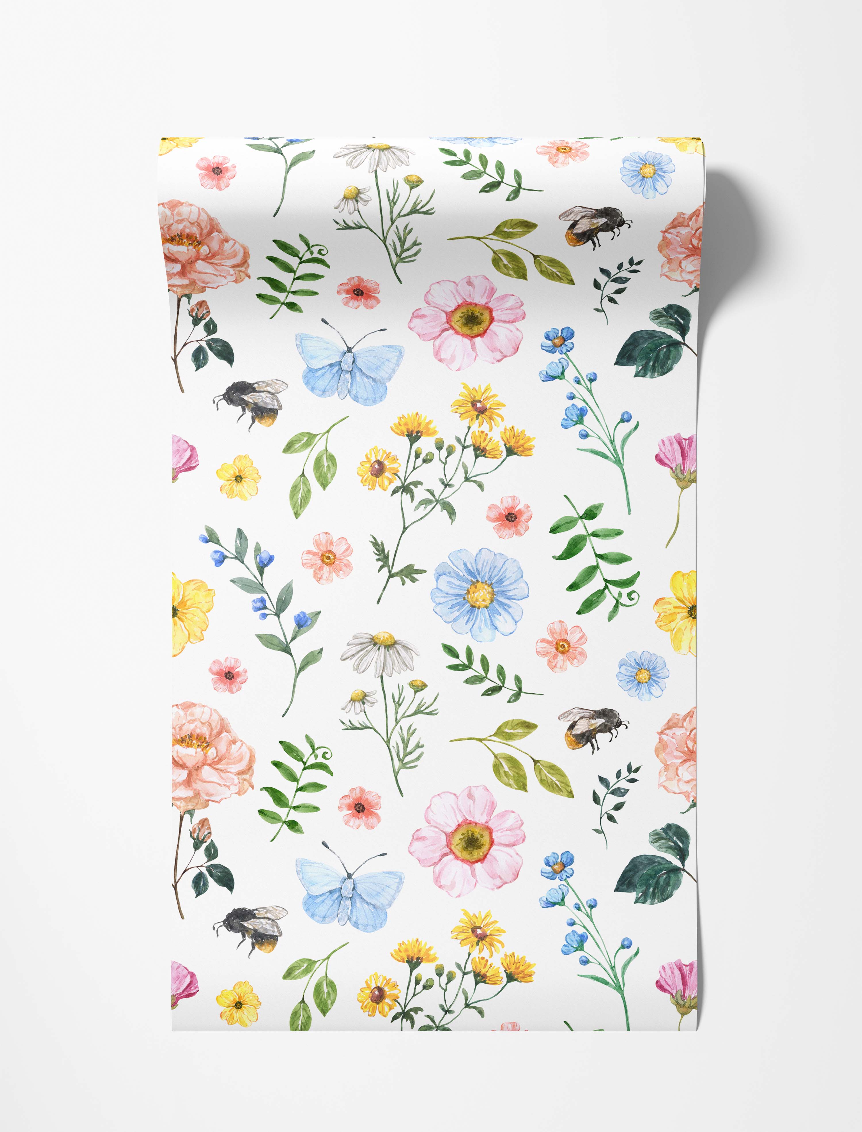 Watercolor floral wallpaper featuring pink, yellow, blue, and white flowers, bees, and butterflies on a white background.