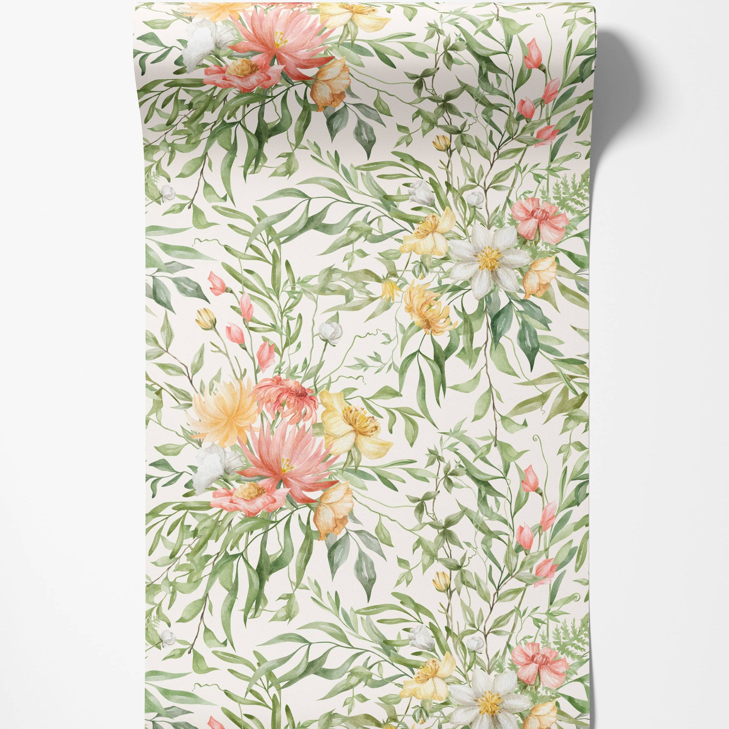 Watercolor floral wallpaper with peach, yellow, and white blossoms amidst lush green foliage on a light cream background.