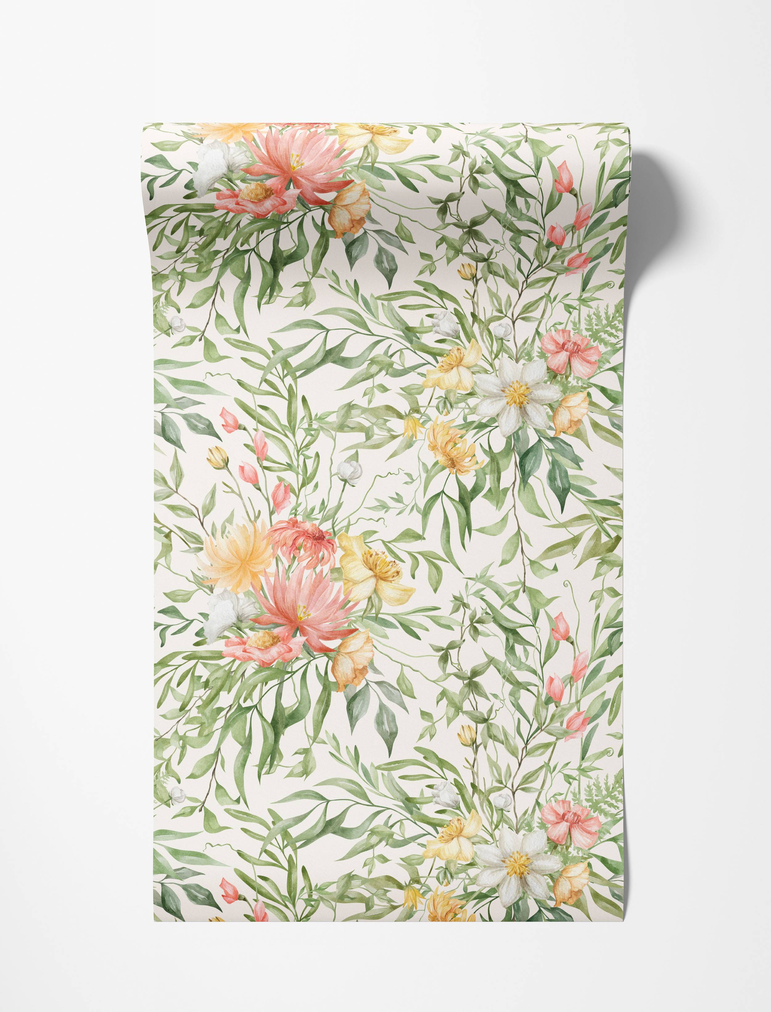 Watercolor floral wallpaper with peach, yellow, and white blossoms amidst lush green foliage on a light cream background.