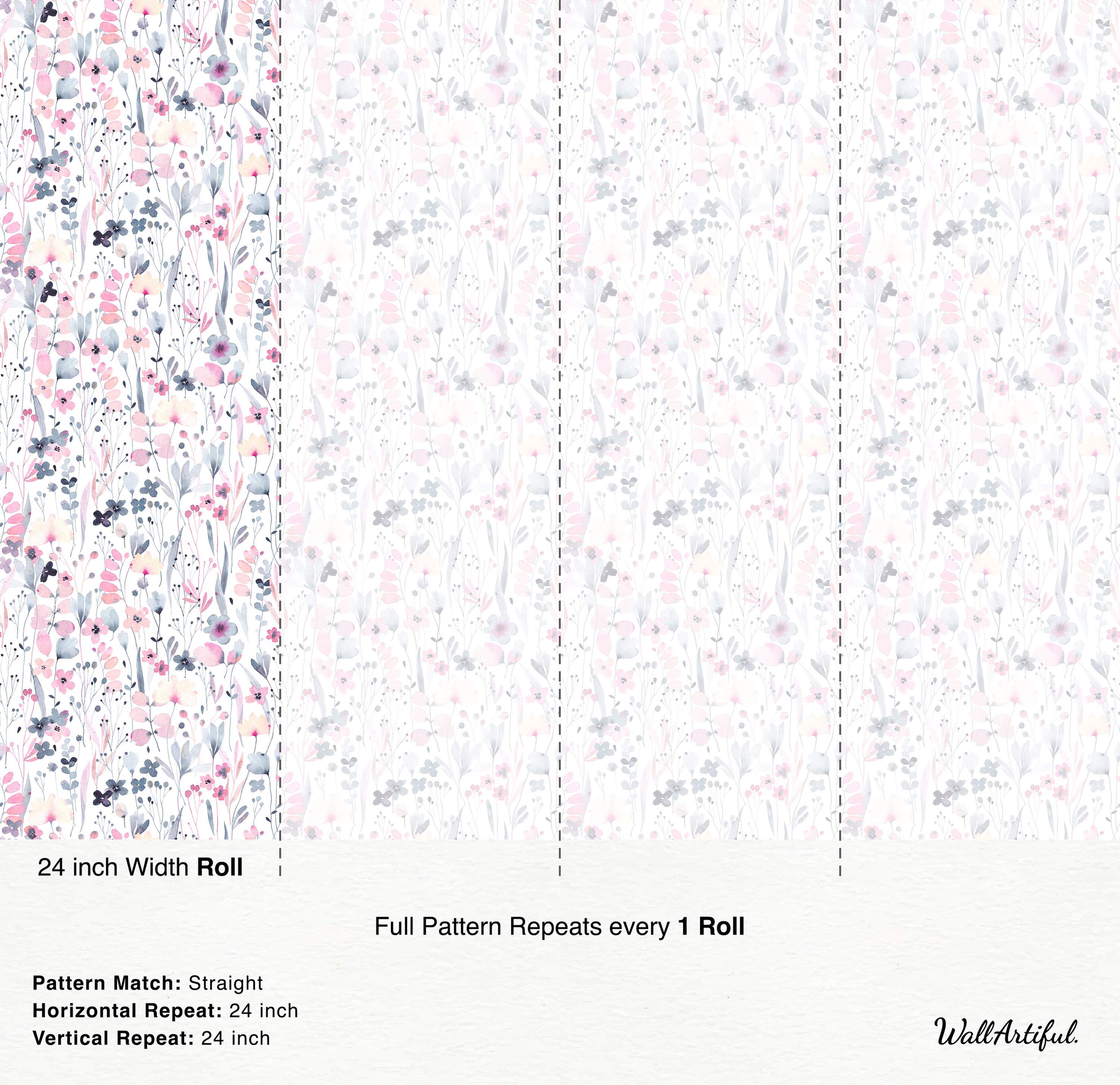 Delicate watercolor wildflower wallpaper featuring soft pink, muted blue, and light gray flowers on a white background.
