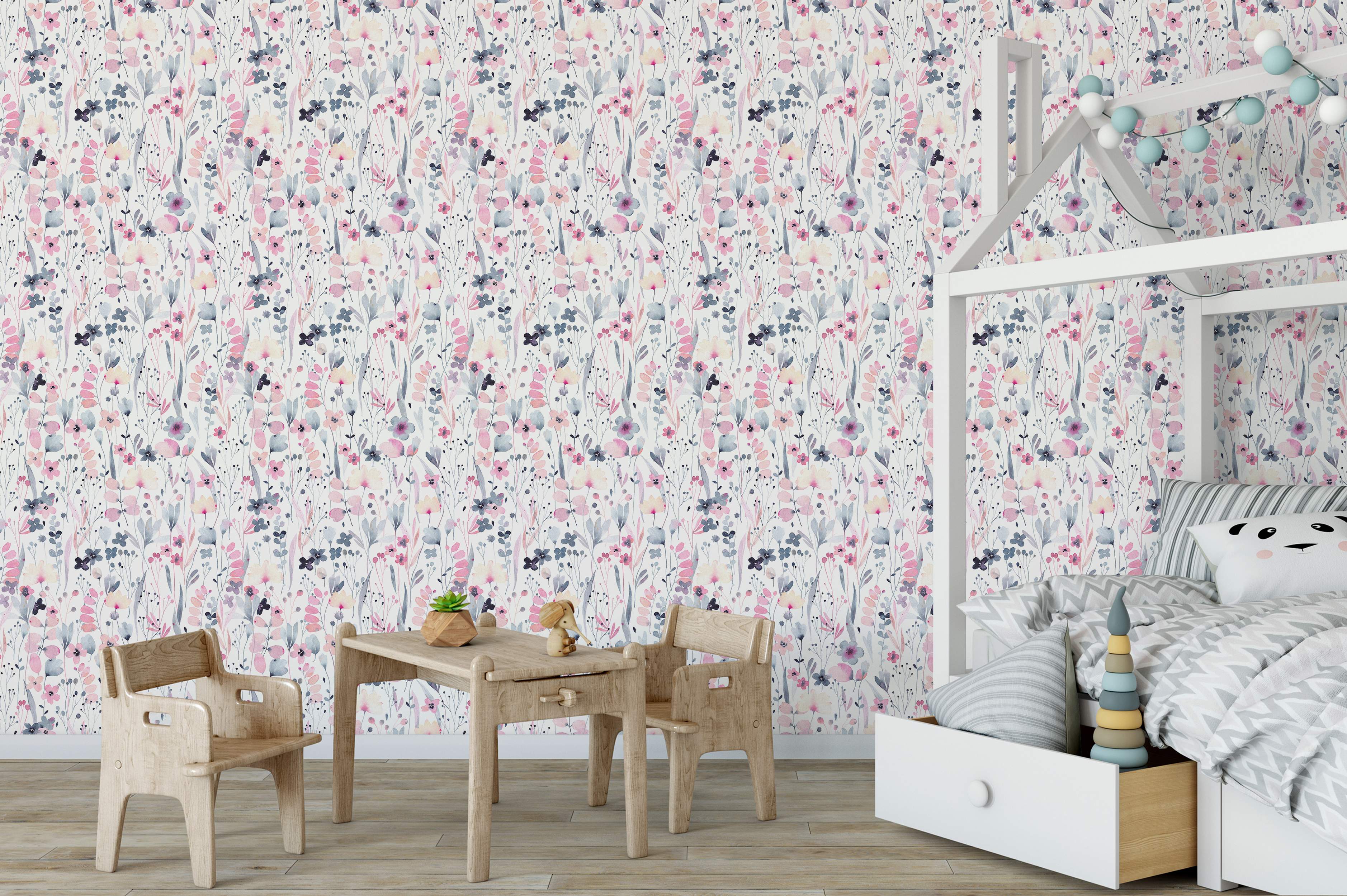 Delicate watercolor wallpaper featuring wildflowers and leaves in soft pink, blue, and grey hues on a white background.