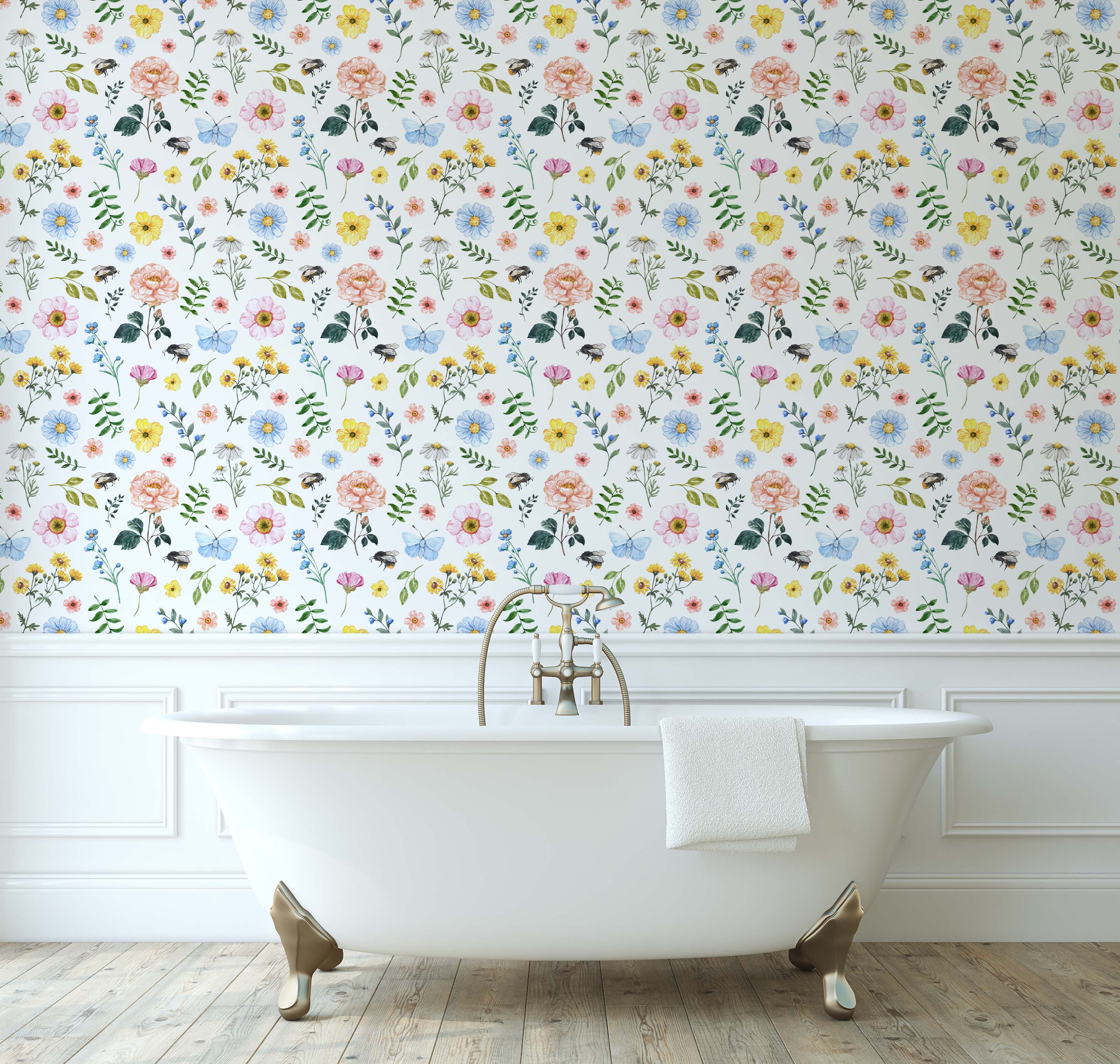 Watercolor floral wallpaper featuring pink, peach, blue, and yellow flowers, green leaves, butterflies, and bees on white.