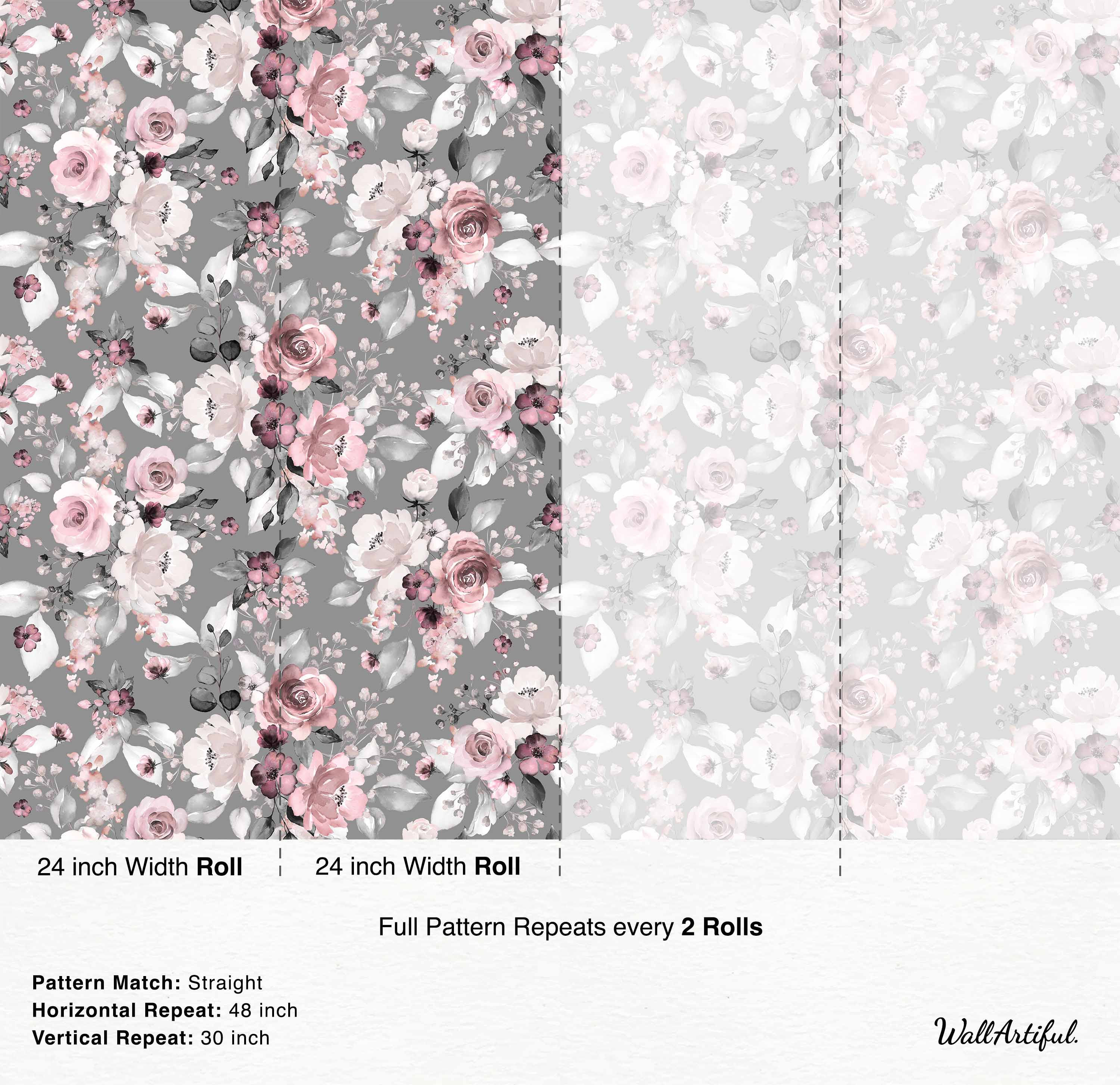 Watercolor floral wallpaper featuring pink, mauve, and white flowers with gray leaves on a solid gray background.