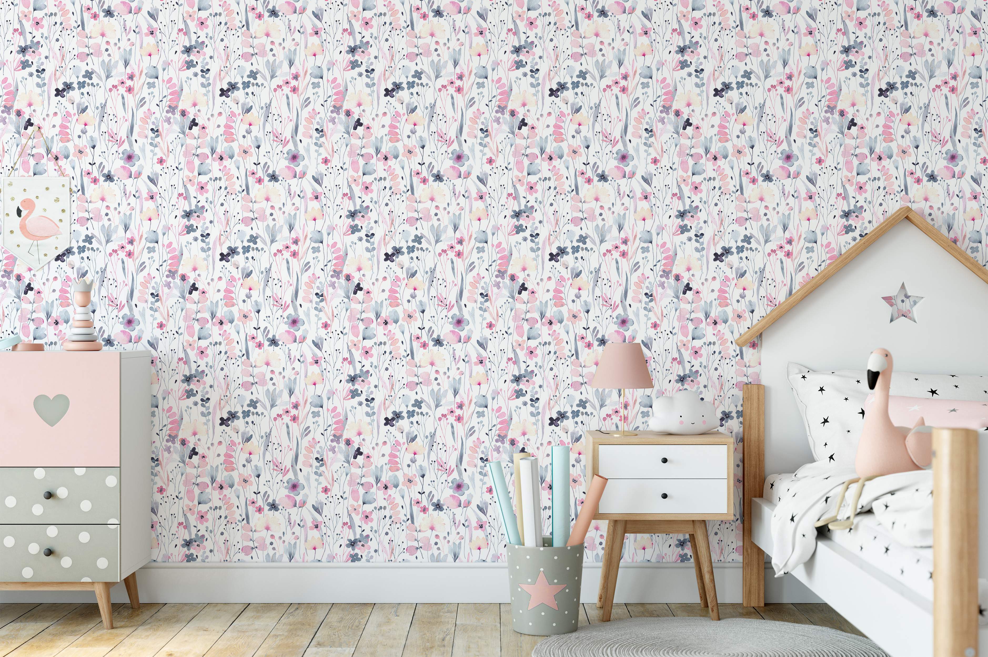 Delicate watercolor floral wallpaper with pink, grey, and pale yellow flowers and leaves scattered across a white background.