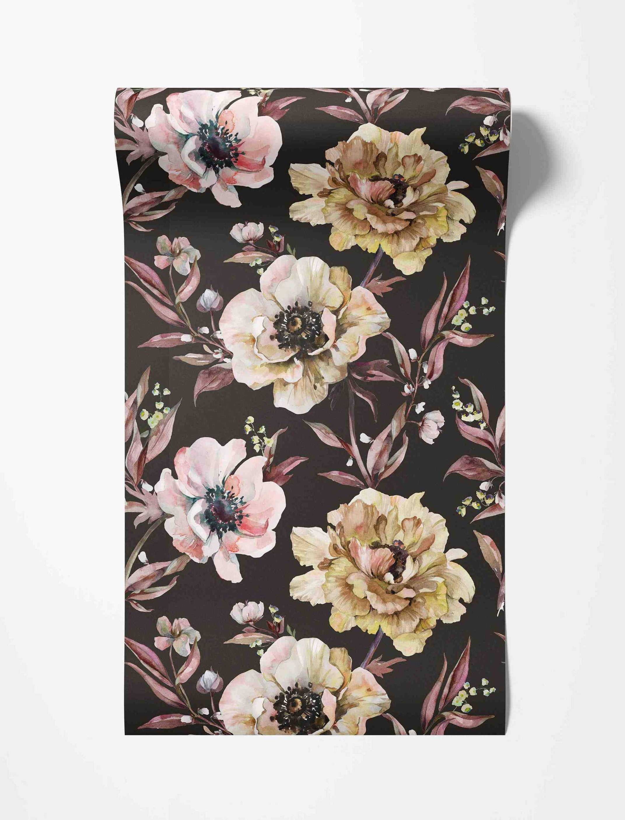 Watercolor floral wallpaper featuring large pink, cream, and gold flowers with dusky pink leaves on a dark brown background.