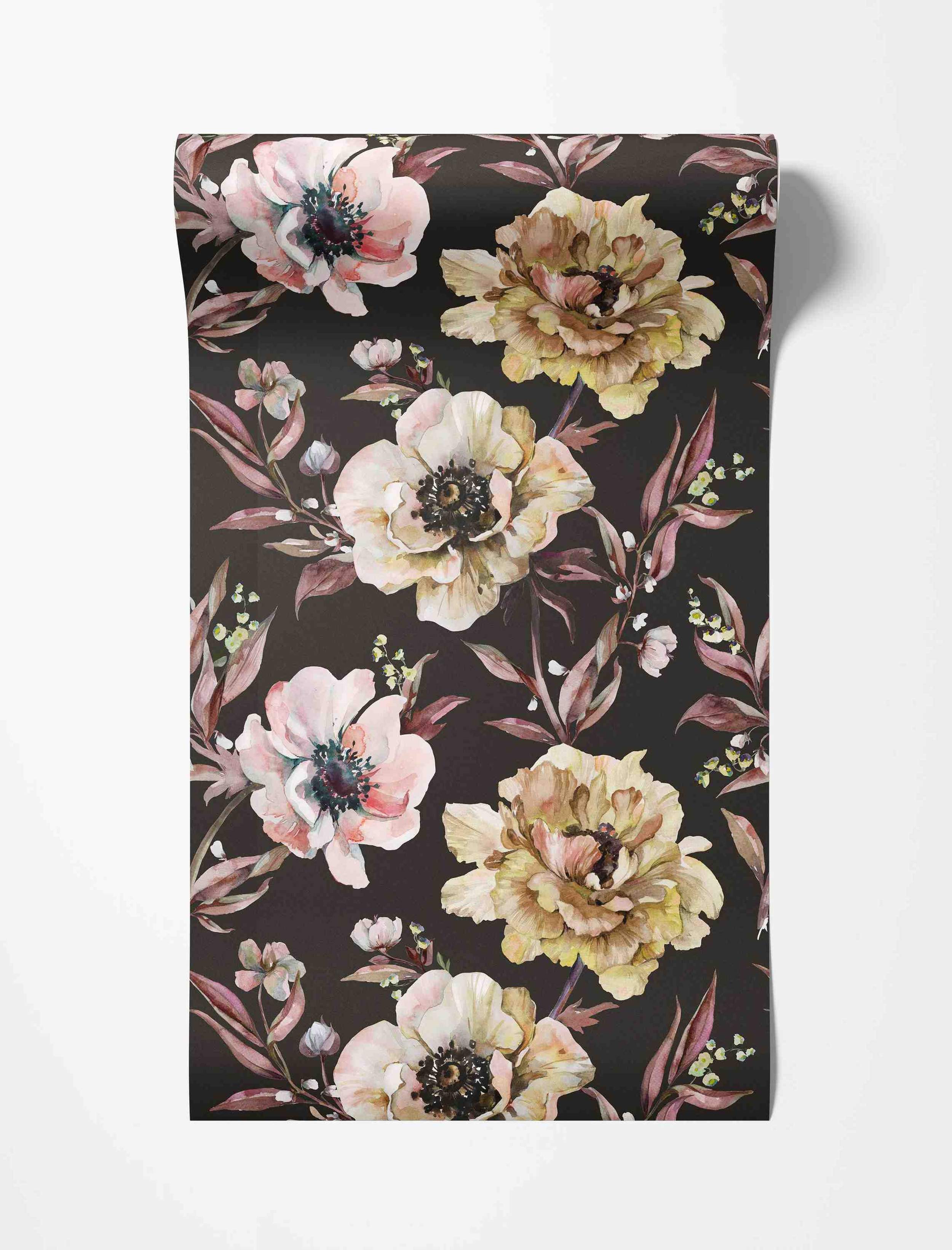 Watercolor floral wallpaper featuring large pink, cream, and gold flowers with dusky pink leaves on a dark brown background.