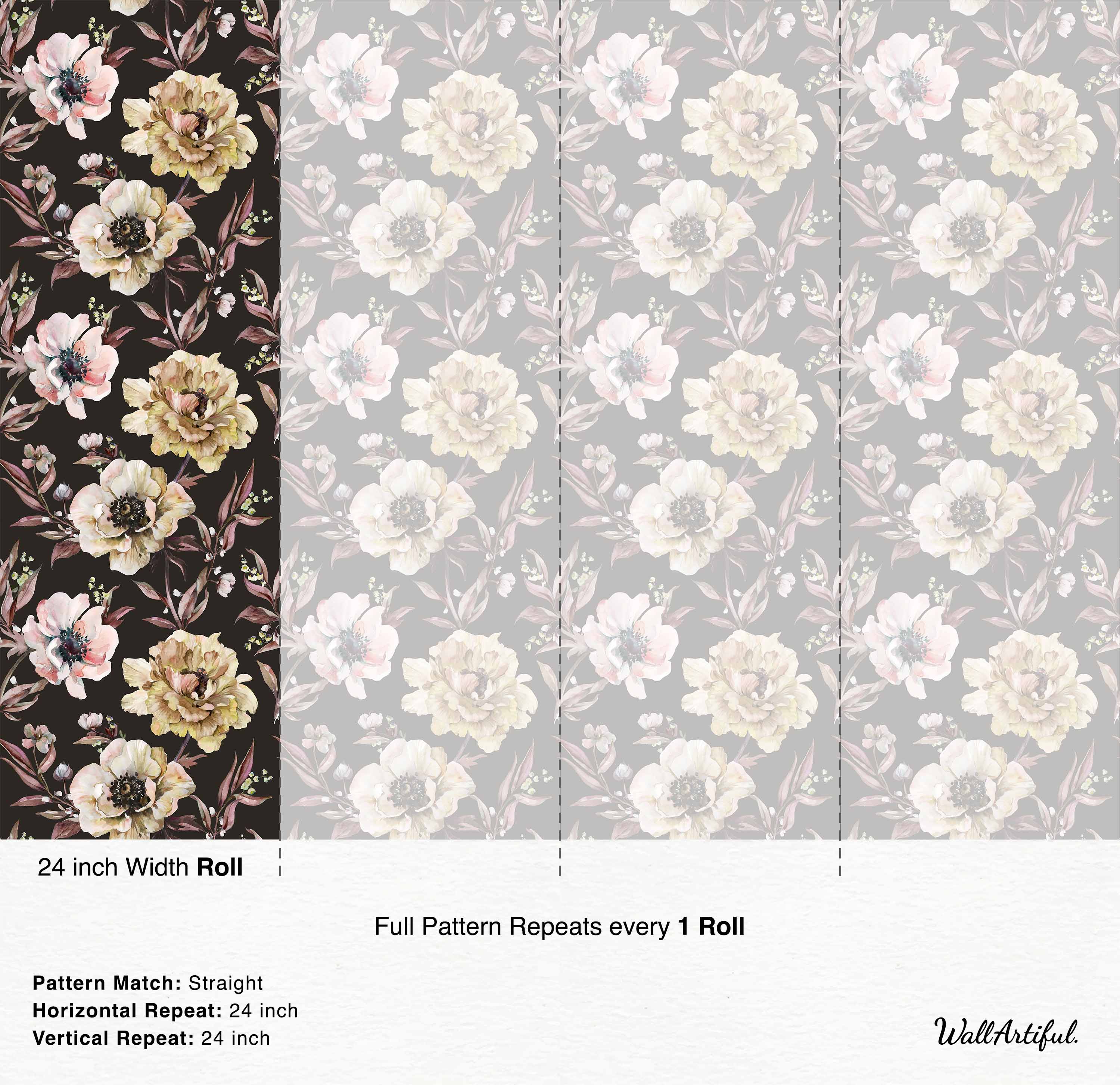 Wallpaper featuring large watercolor peonies and anemones in pink, yellow, and cream, with dark leaves on a dark background.