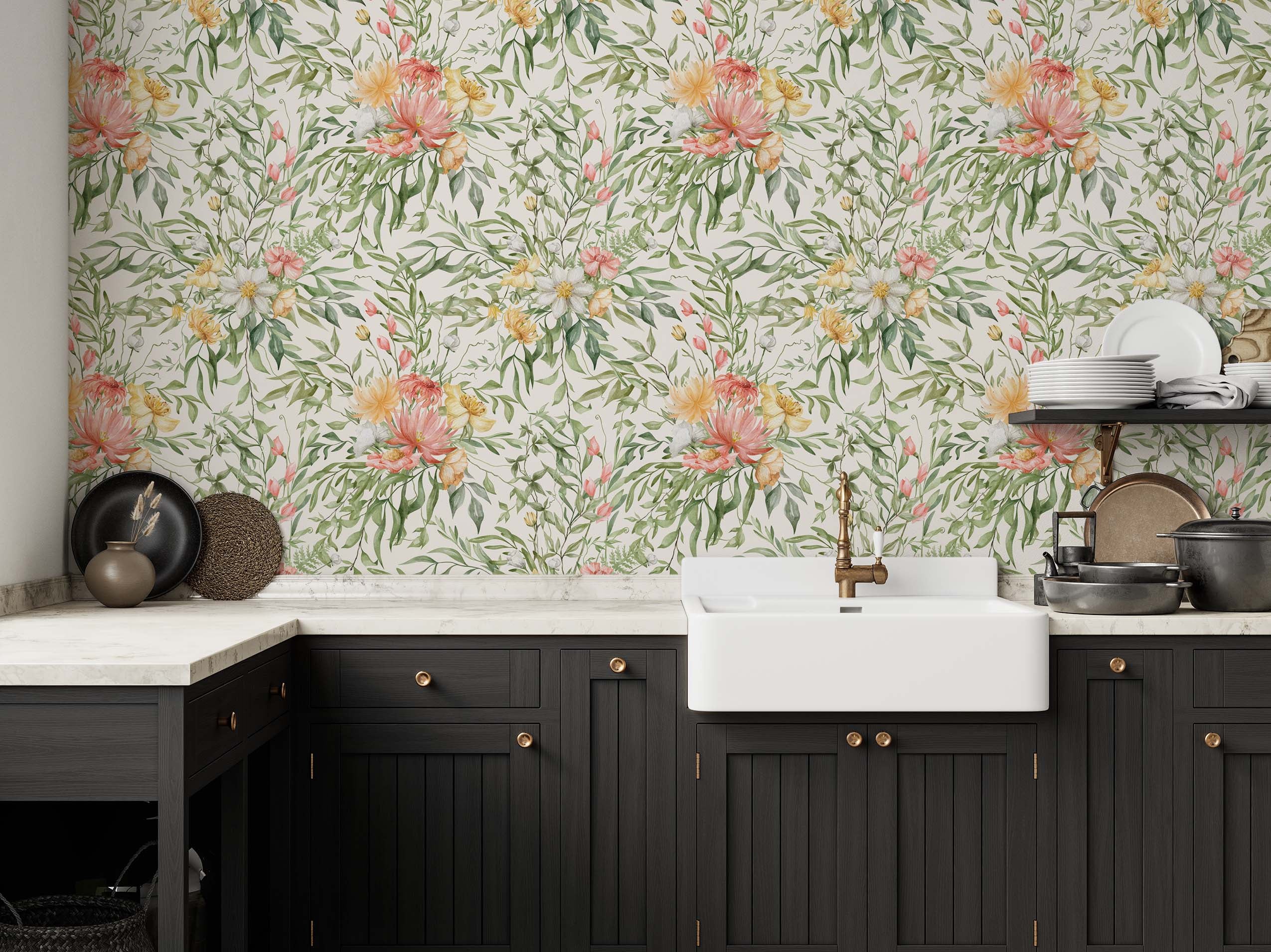 Watercolor floral wallpaper with pink, yellow, and peach flowers amidst lush green leaves on a cream background.