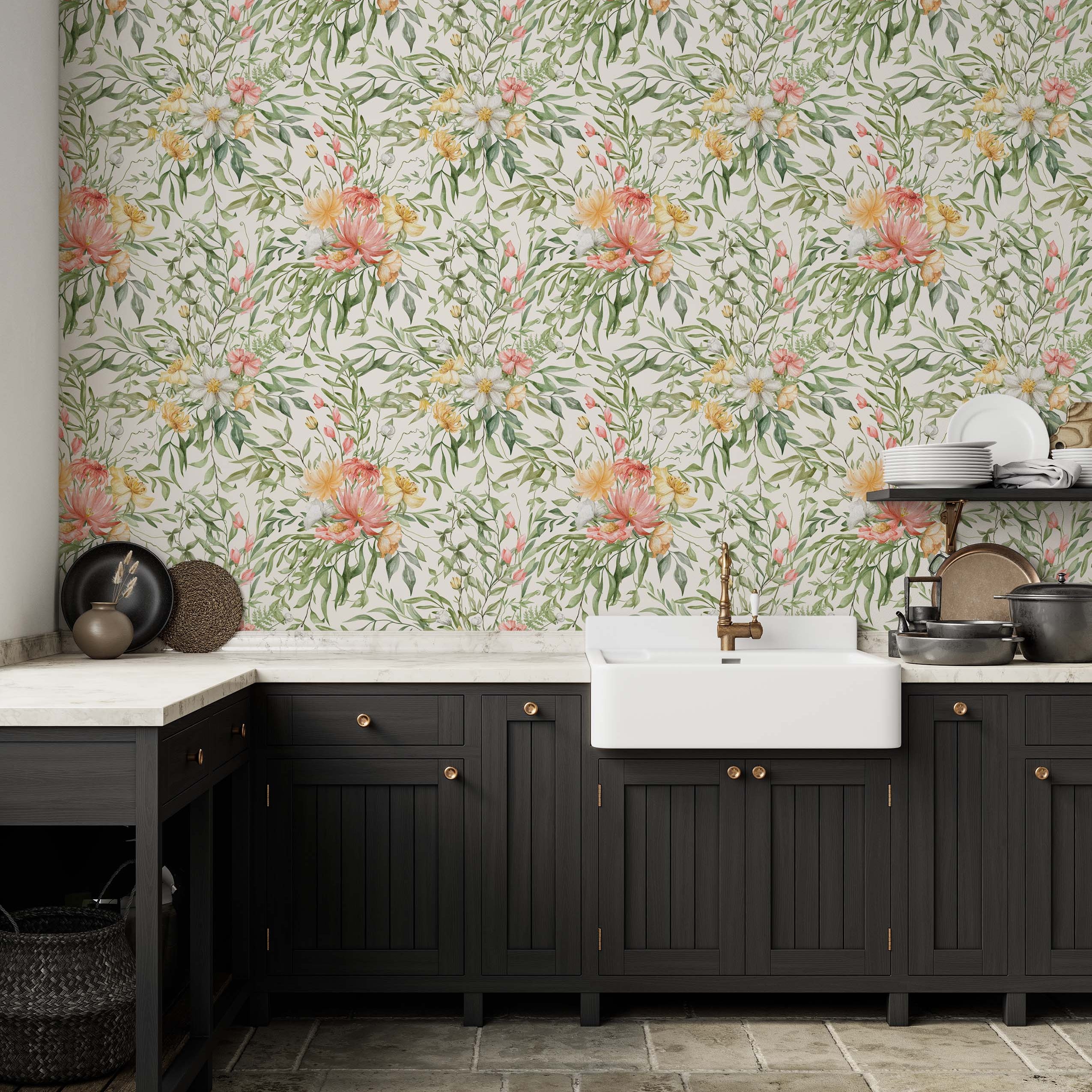 Watercolor floral wallpaper with pink, yellow, and peach flowers amidst lush green leaves on a cream background.