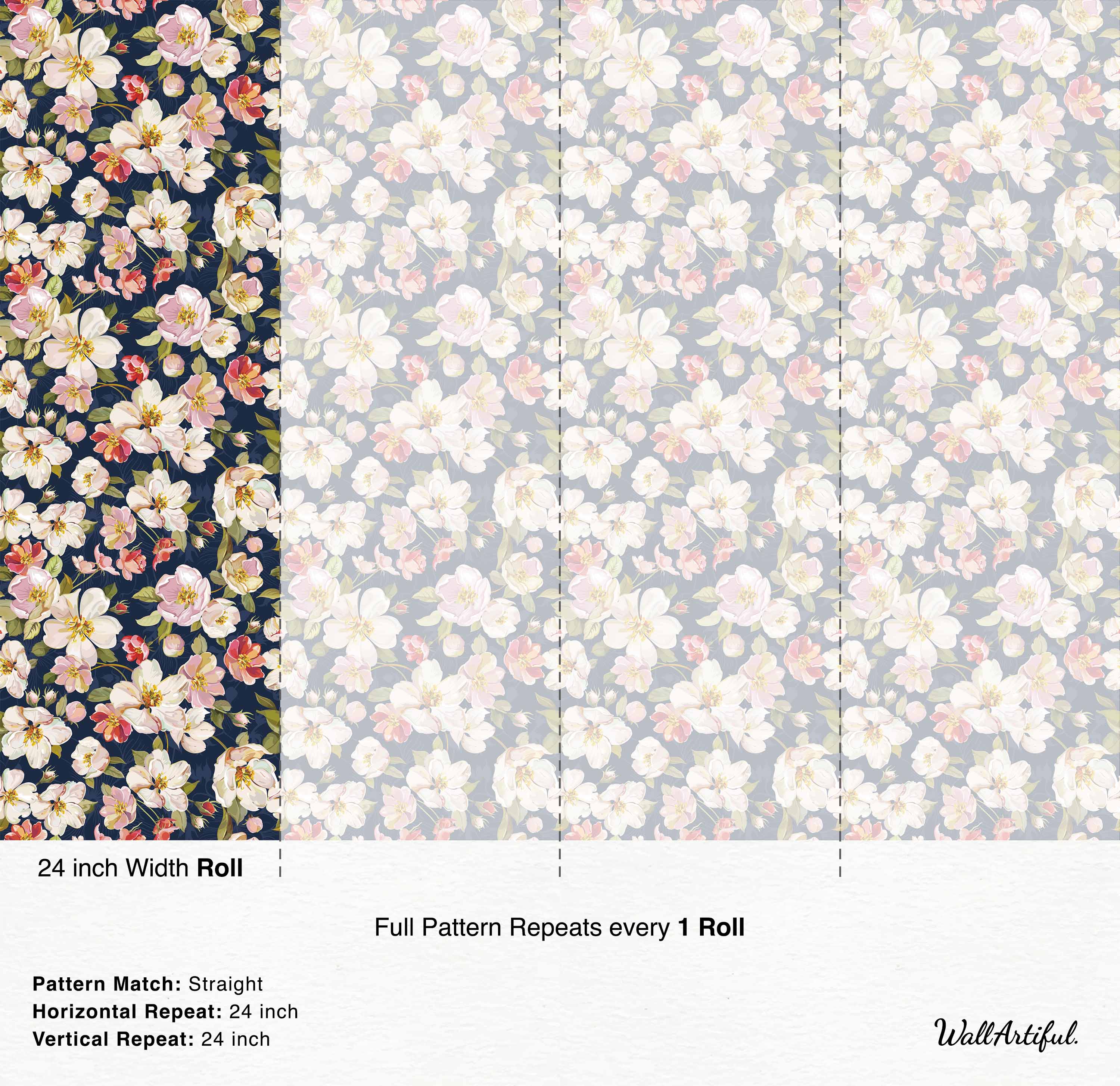 Painted floral wallpaper with white, pink, and red flowers featuring yellow centers and green leaves on a dark navy blue background.