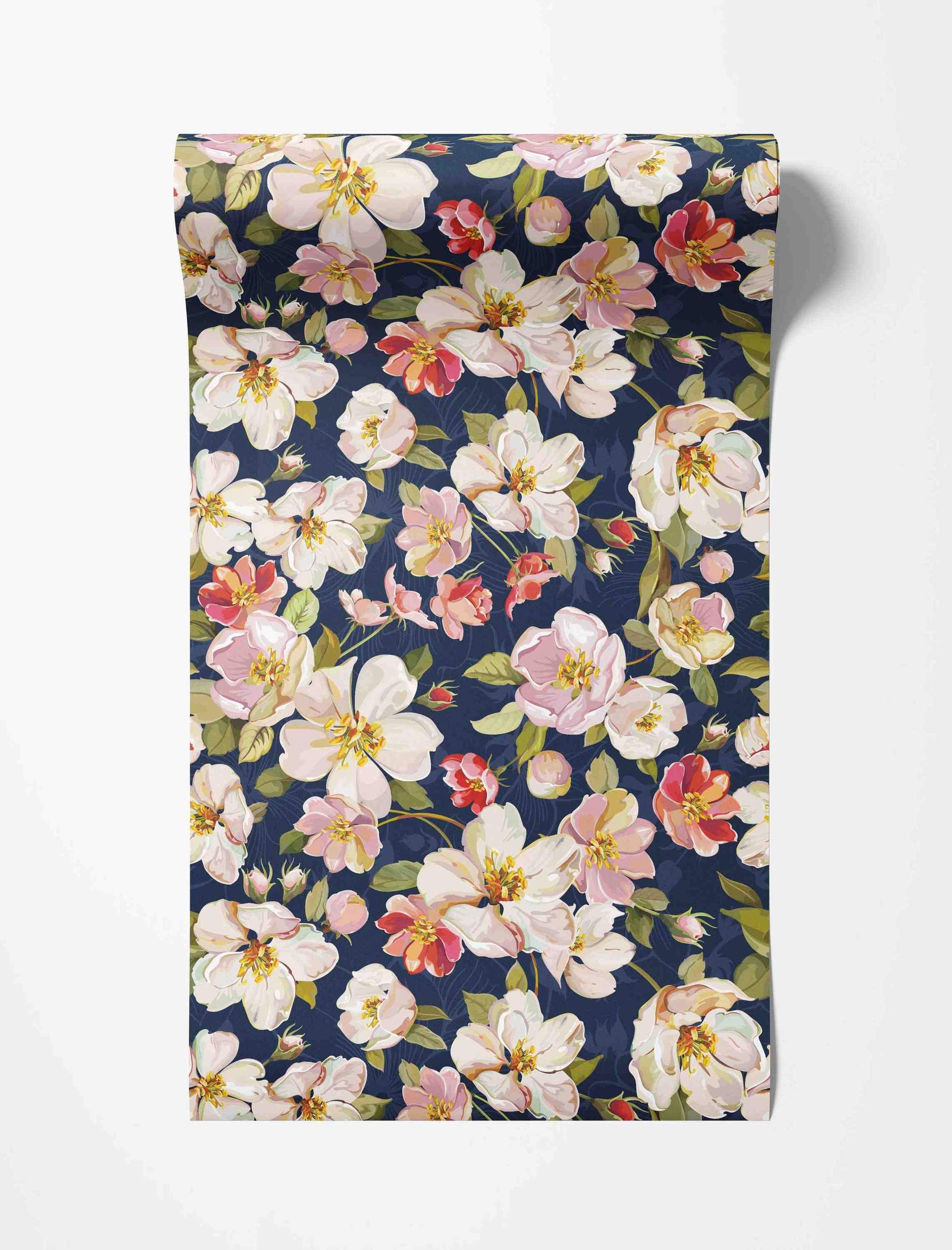 Painterly floral wallpaper featuring white, pink, and red flowers with yellow centers and green leaves on a dark navy blue background.