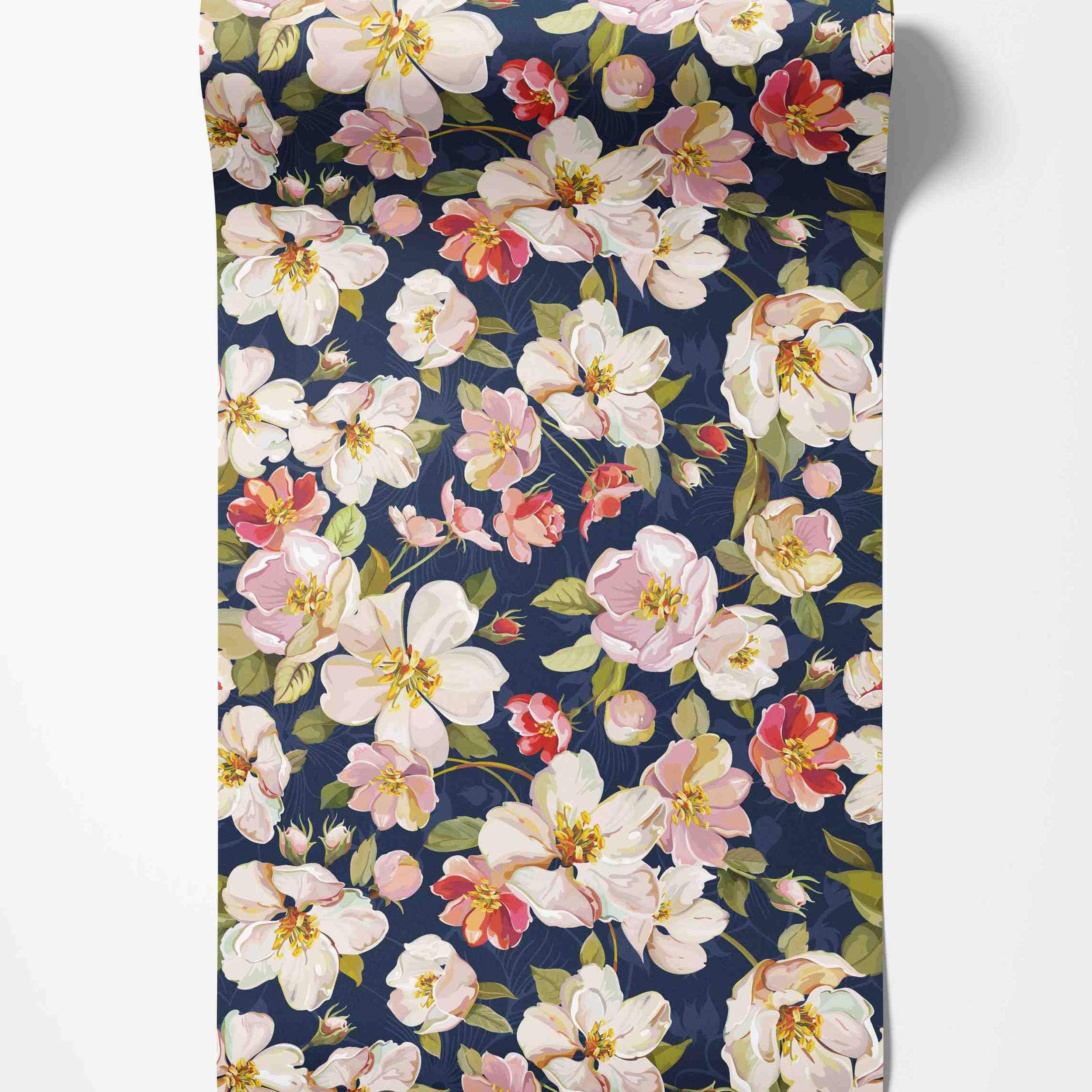 Painterly floral wallpaper featuring white, pink, and red flowers with yellow centers and green leaves on a dark navy blue background.