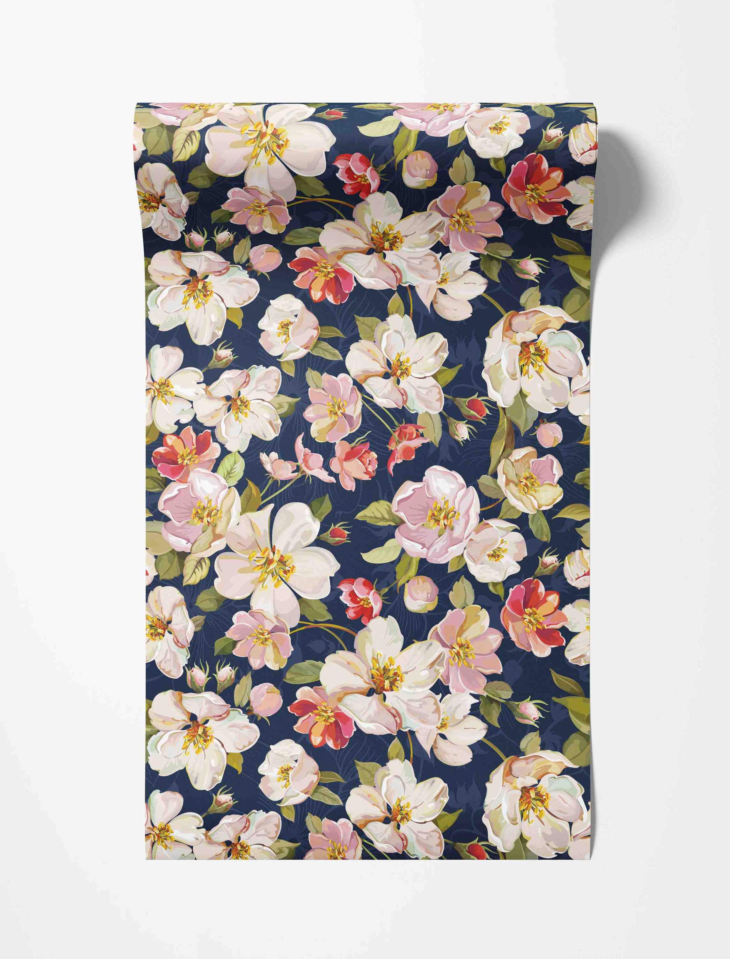 Painterly floral wallpaper featuring white, pink, and red flowers with yellow centers and green leaves on a dark navy blue background.