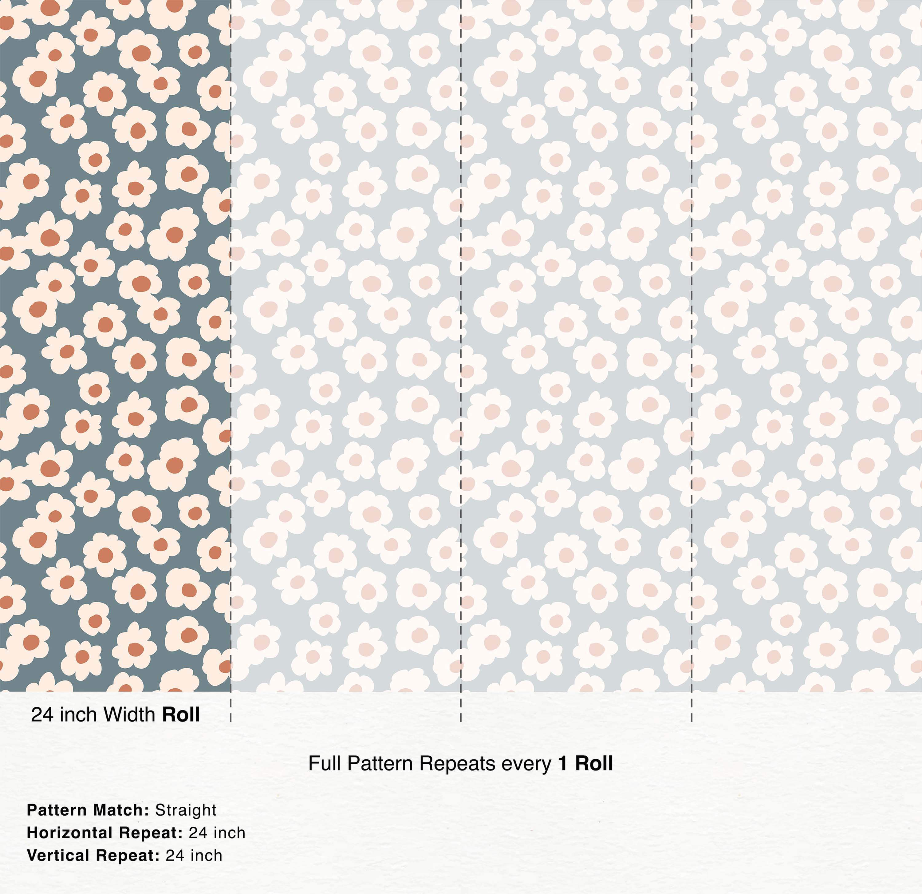 Naive floral wallpaper with white blobby flowers and terracotta centers scattered across a dusty blue background.
