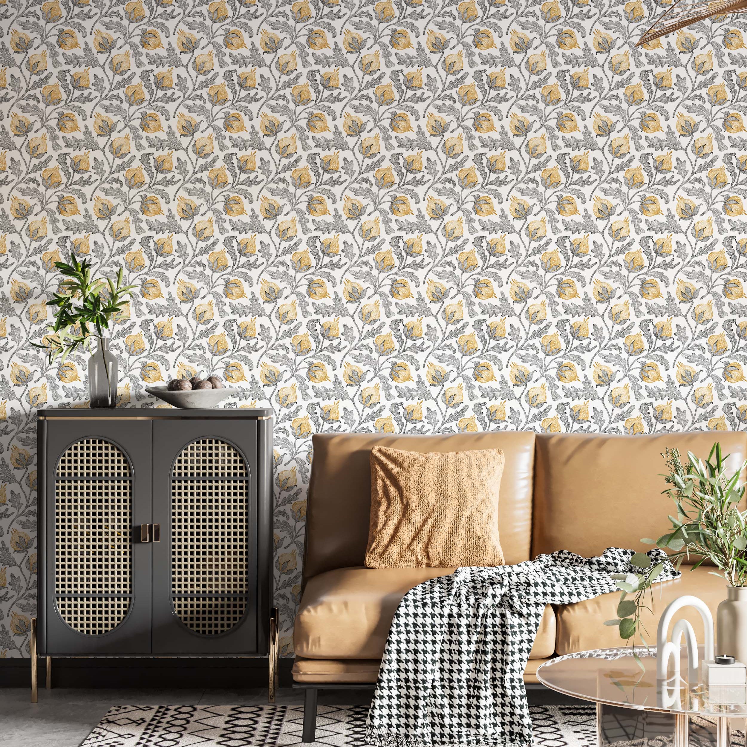 A wallpaper with a repeating pattern of stylized yellow flowers and gray leaves in a sketchy, hand-drawn style.