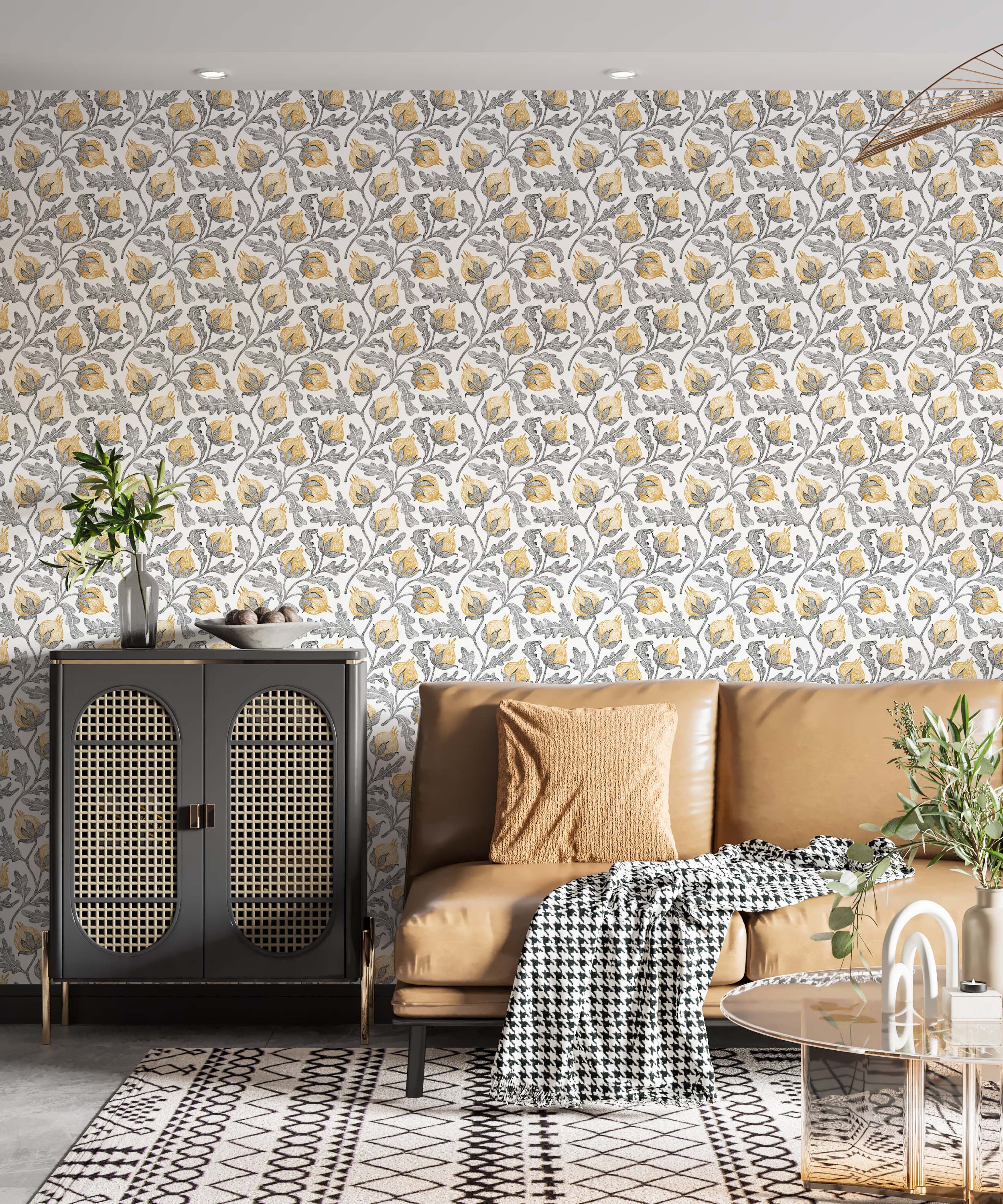 A wallpaper with a repeating pattern of stylized yellow flowers and gray leaves in a sketchy, hand-drawn style.