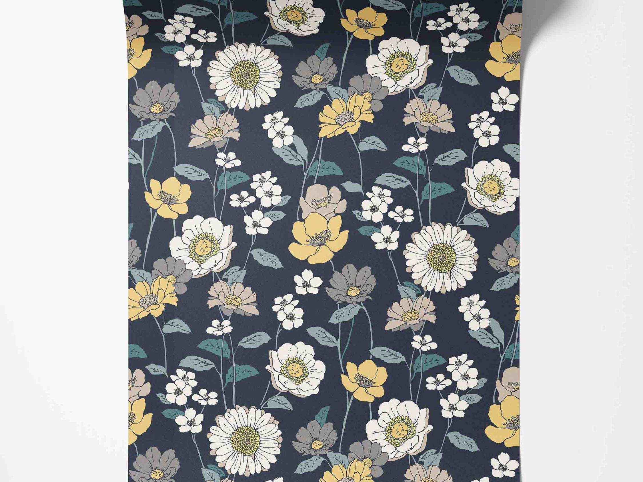 Wallpaper with a repeating floral pattern featuring yellow, white, beige, and grey flowers on a dark blue background.