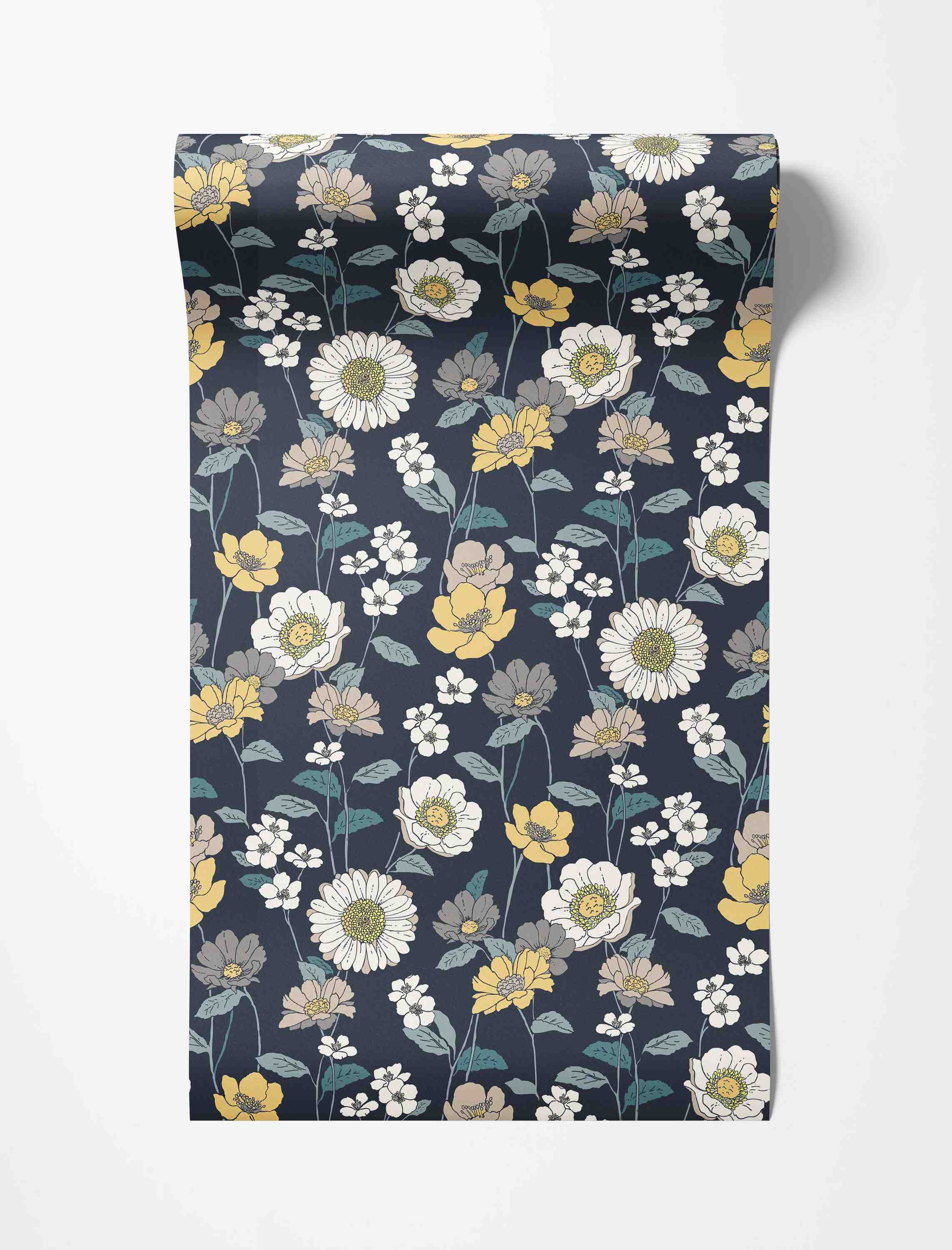 Wallpaper with a repeating floral pattern featuring yellow, white, beige, and grey flowers on a dark blue background.