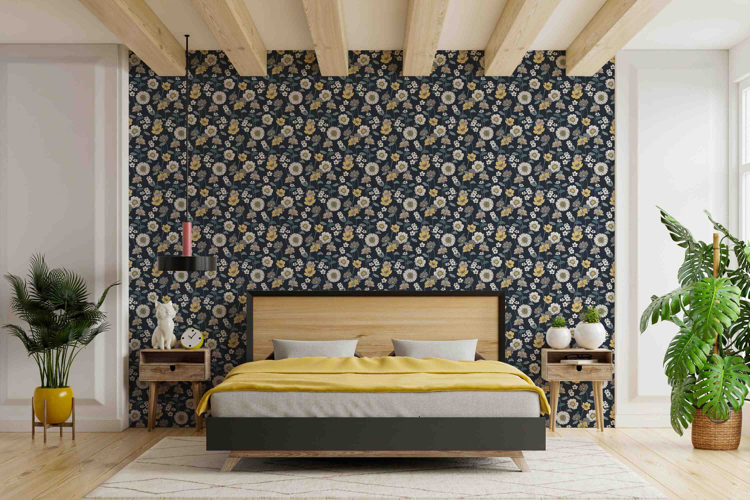 Retro floral wallpaper featuring stylized yellow, white, and muted gray flowers with green stems on a dark navy blue background.