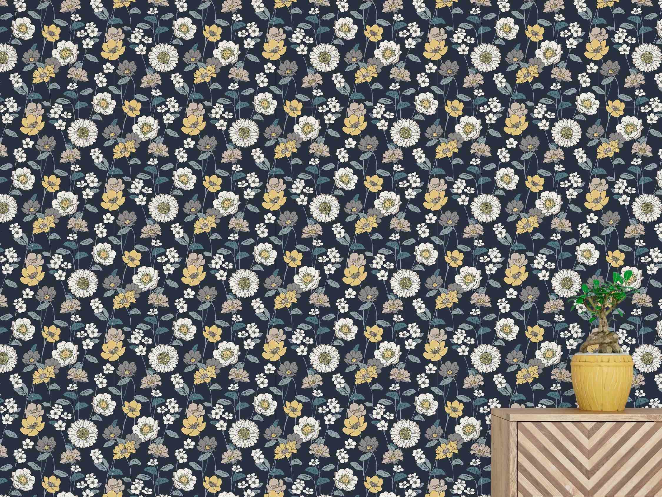 Floral wallpaper with white, yellow, and gray flowers and green stems on a dark navy blue background.