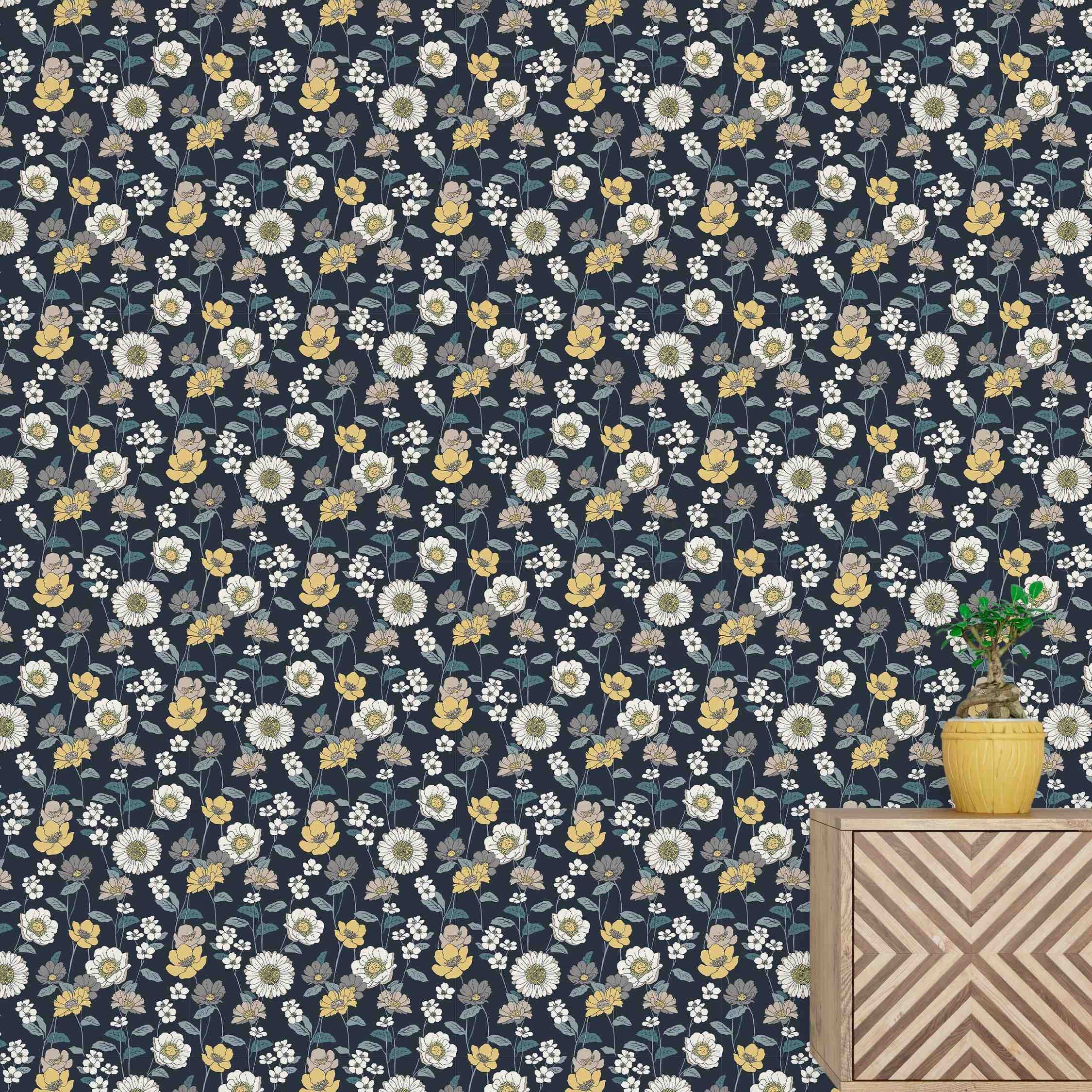 Floral wallpaper with white, yellow, and gray flowers and green stems on a dark navy blue background.