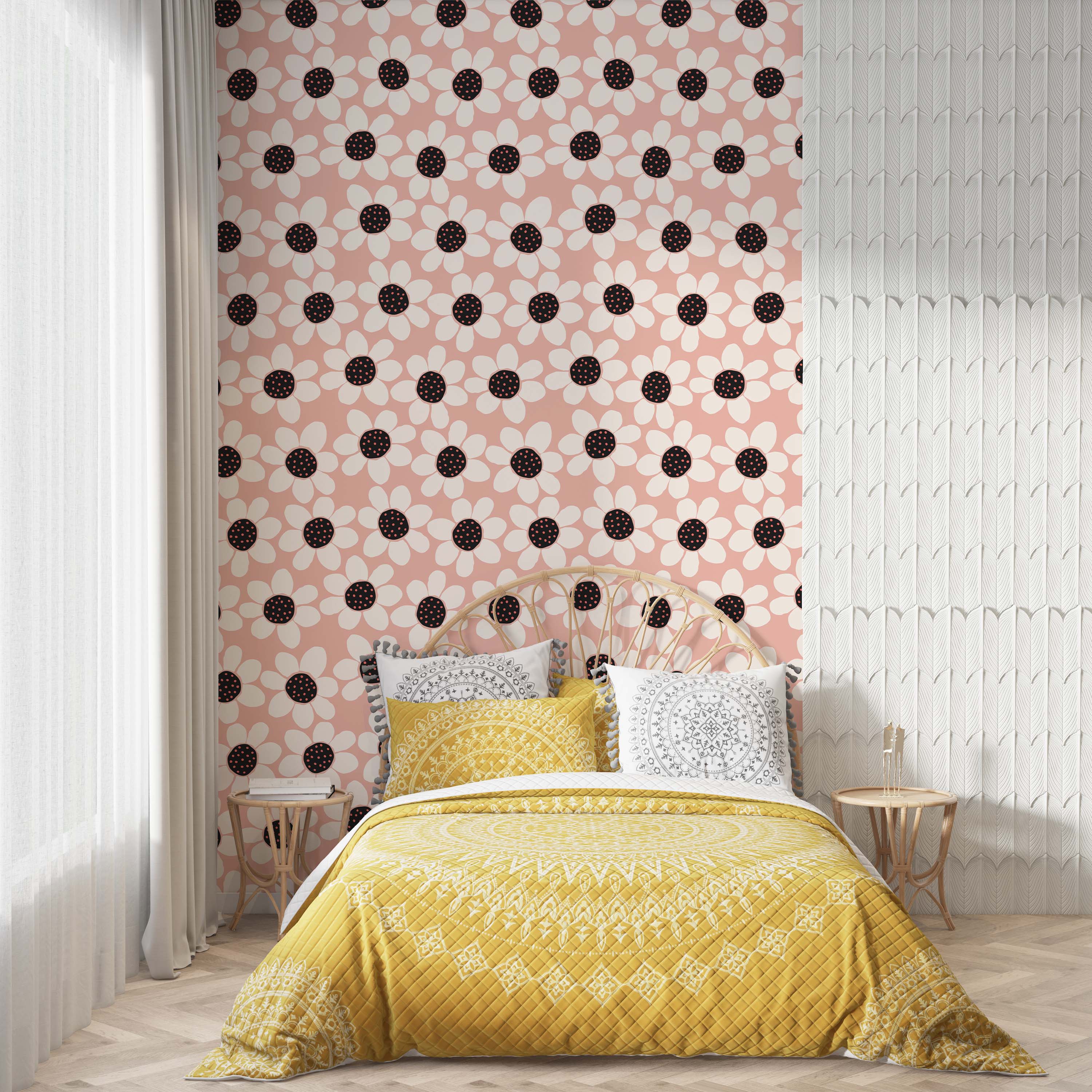 Wallpaper with a repeating pattern of stylized white flowers, featuring black centers with pink dots, on a light pink background.