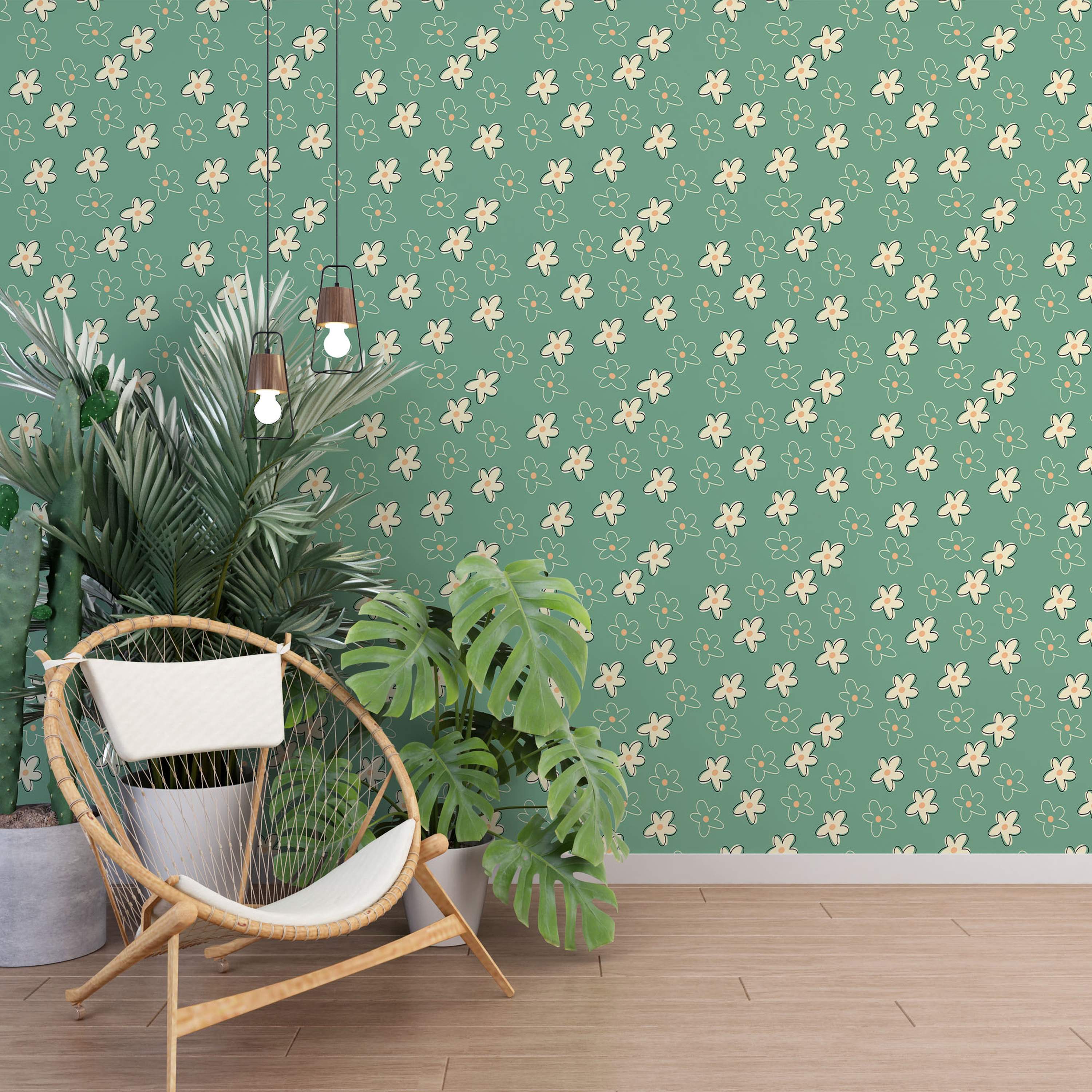 Wallpaper featuring scattered, simple cream flowers with orange centers and coordinating teal outlines on a teal green background.