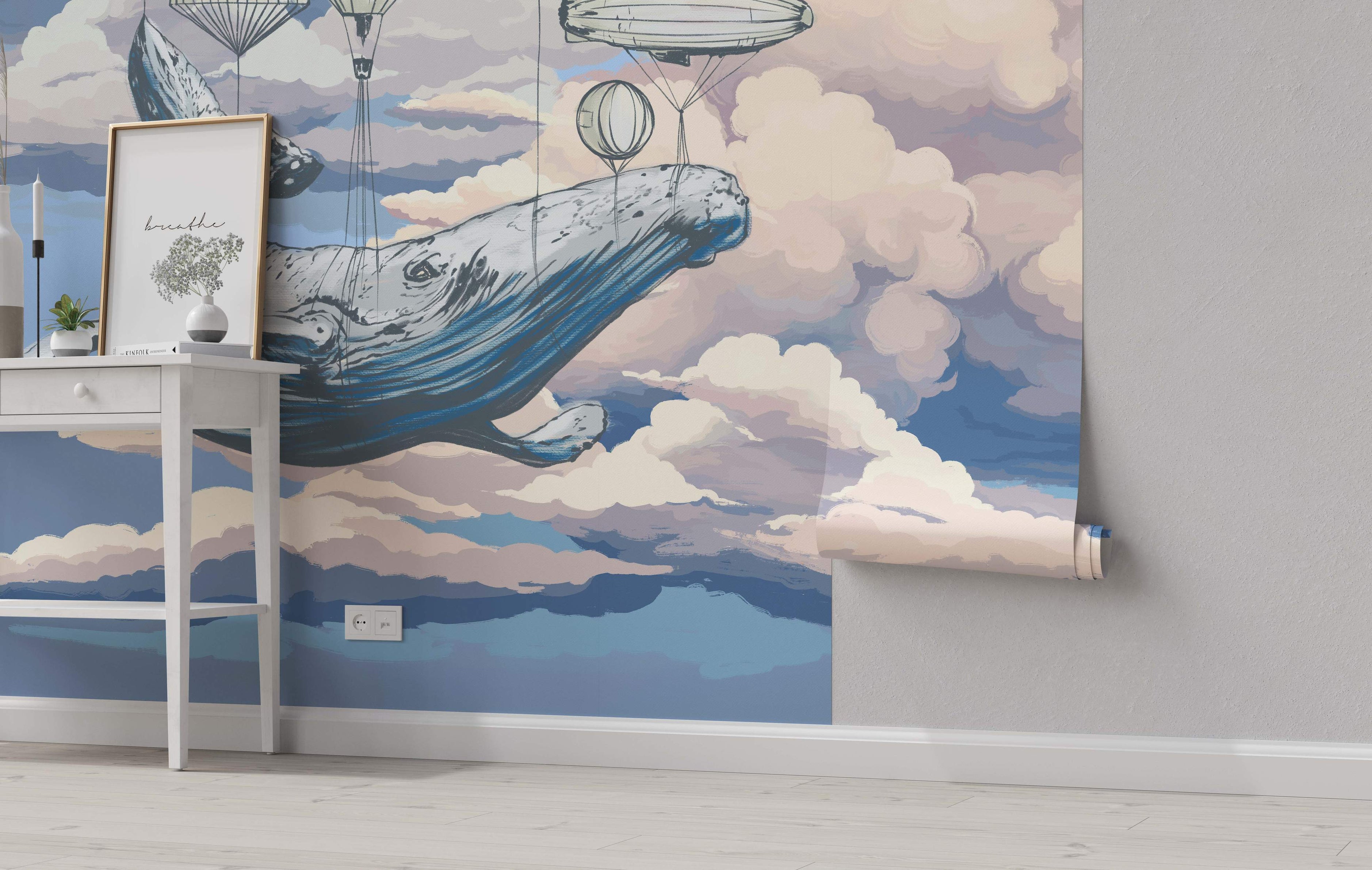 Mural depicting illustrative blue and gray whales floating amongst stylized white, gray, and purple clouds with airships.
