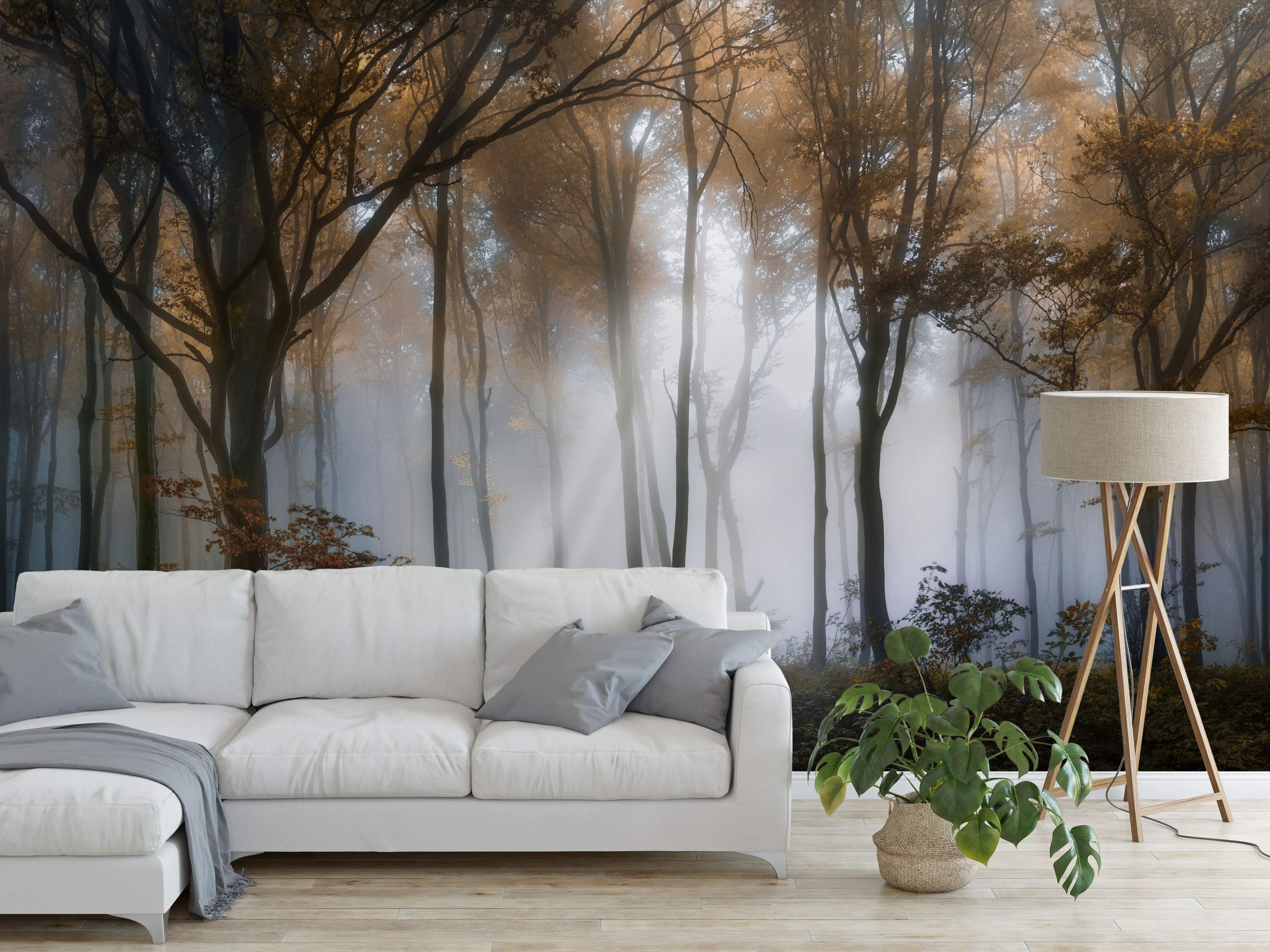 Mural depicting a foggy autumn forest scene with tall trees, orange-brown leaves, and sunlight filtering through the mist.