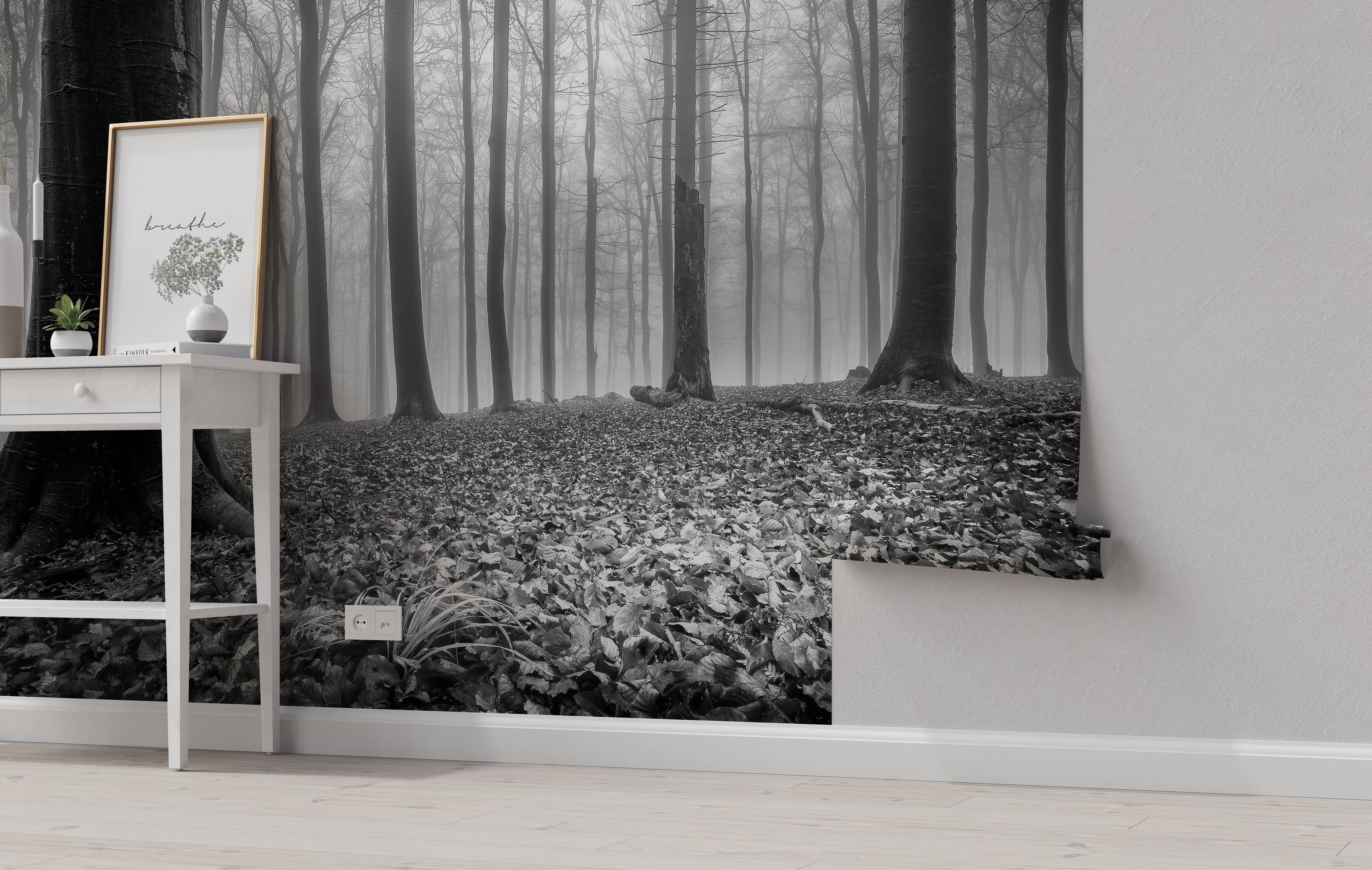 A moody, black and white photographic mural of a foggy forest with tall, bare trees and a leaf-covered floor.